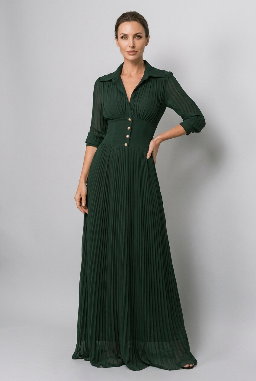Dark Green Corset Waist Long Sleeve Pleated Maxi Dress