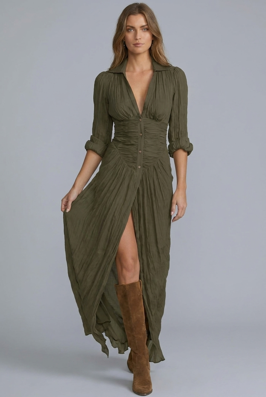 Collared Button Down Boho Western Split Maxi Dress