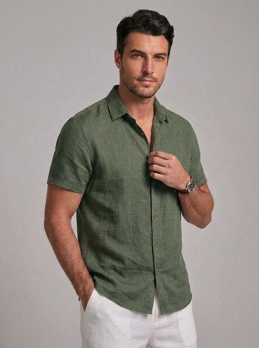Linen Style Casual Short Sleeve Summer Shirt Men