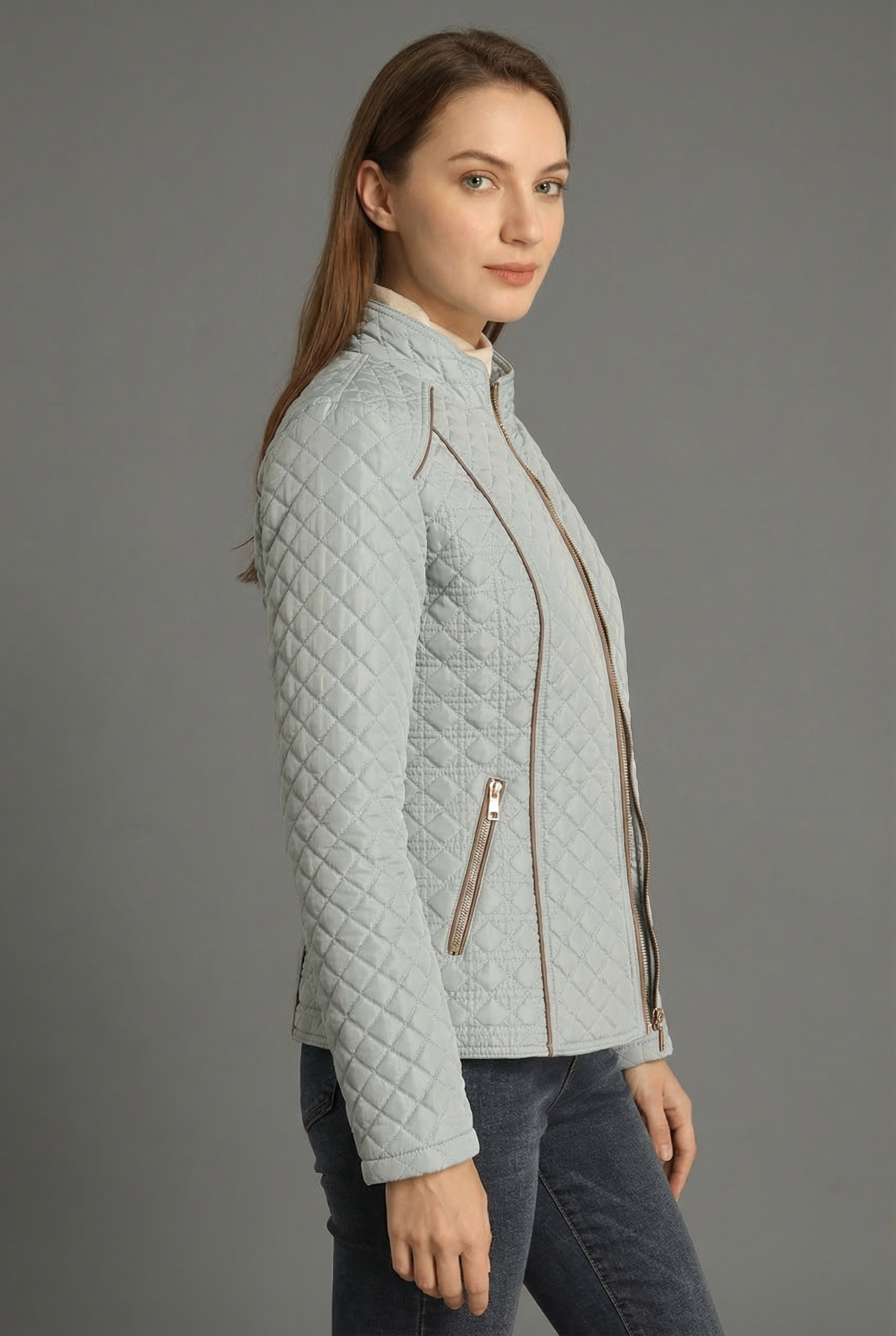 Women's Summer Quilted Zip Up Fitted Jacket