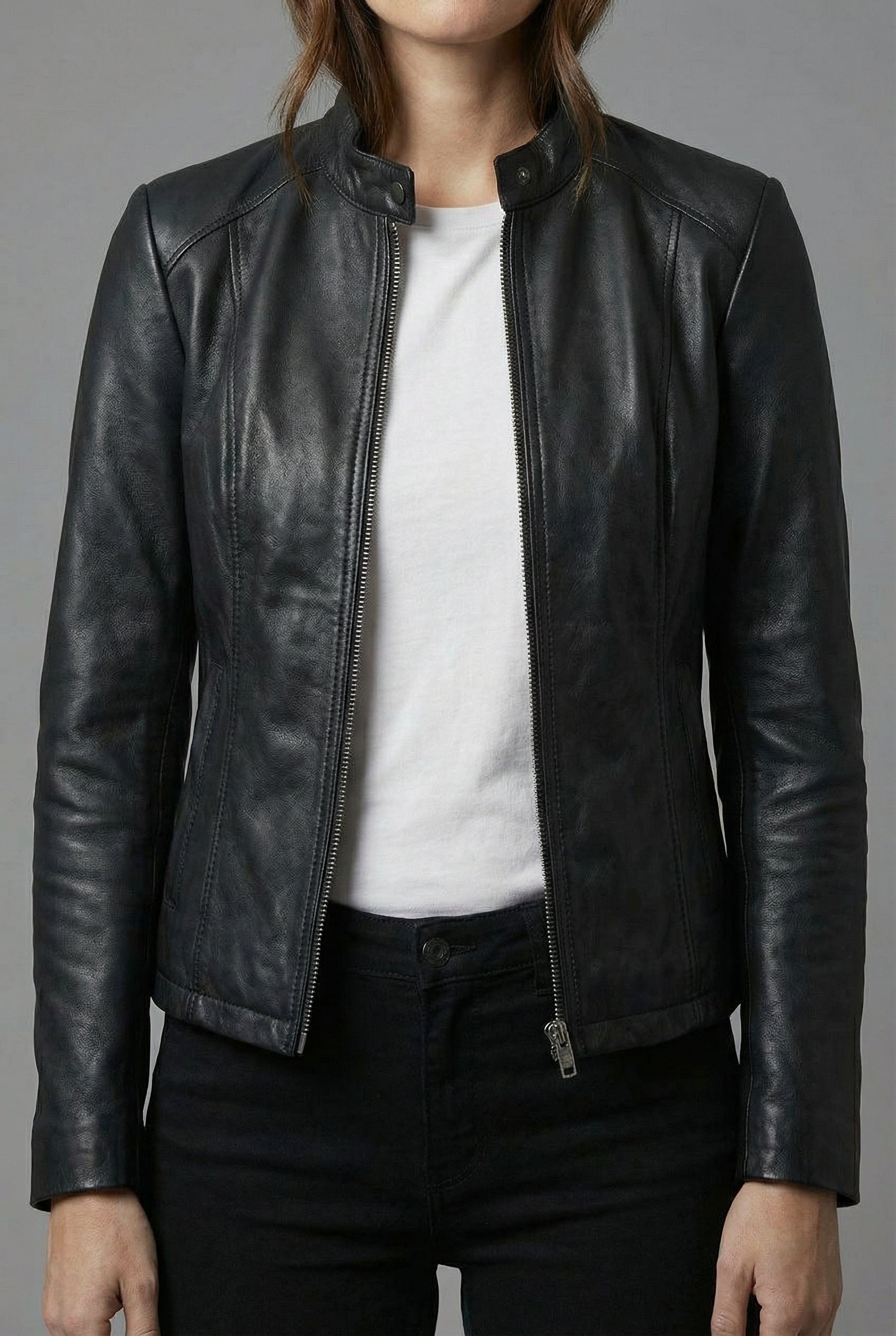 Women’s Short Leather Style Biker Jacket Zip Up Jacket