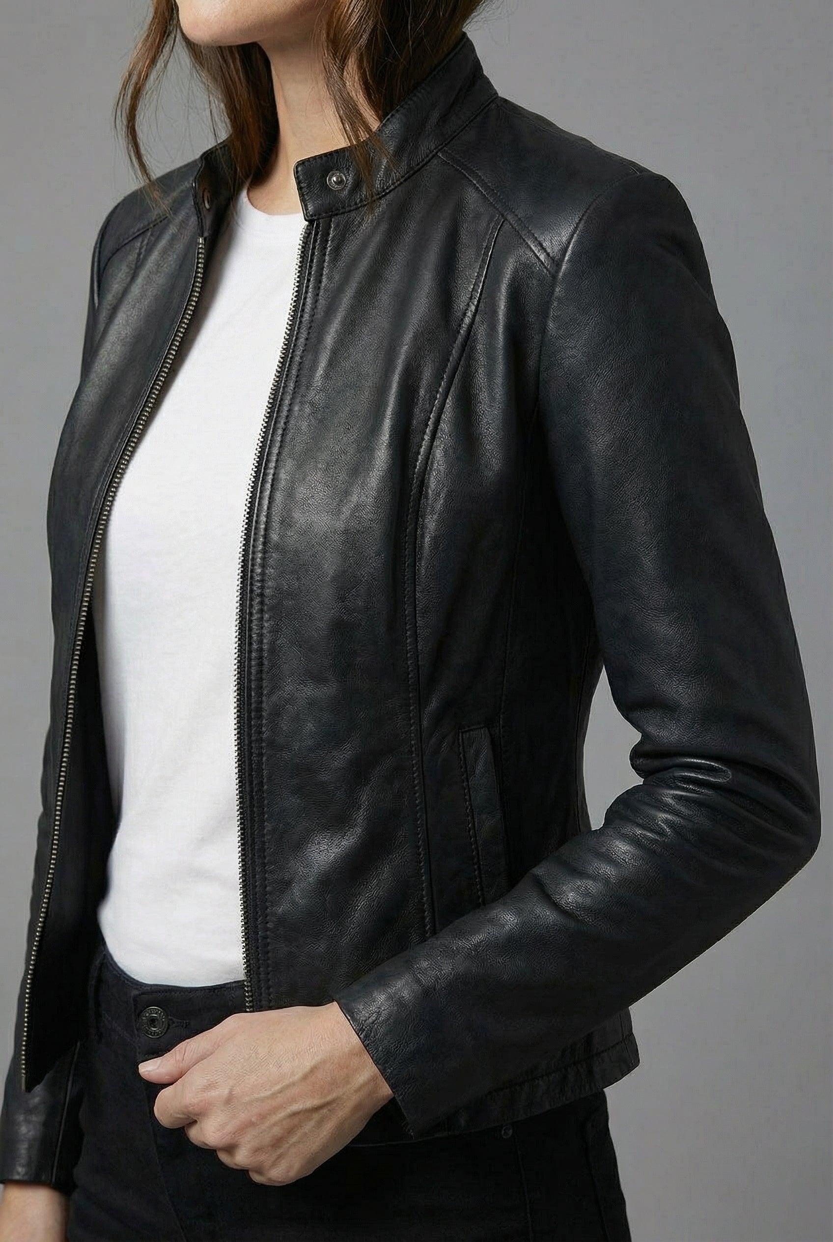 Women’s Short Leather Style Biker Jacket Zip Up Jacket