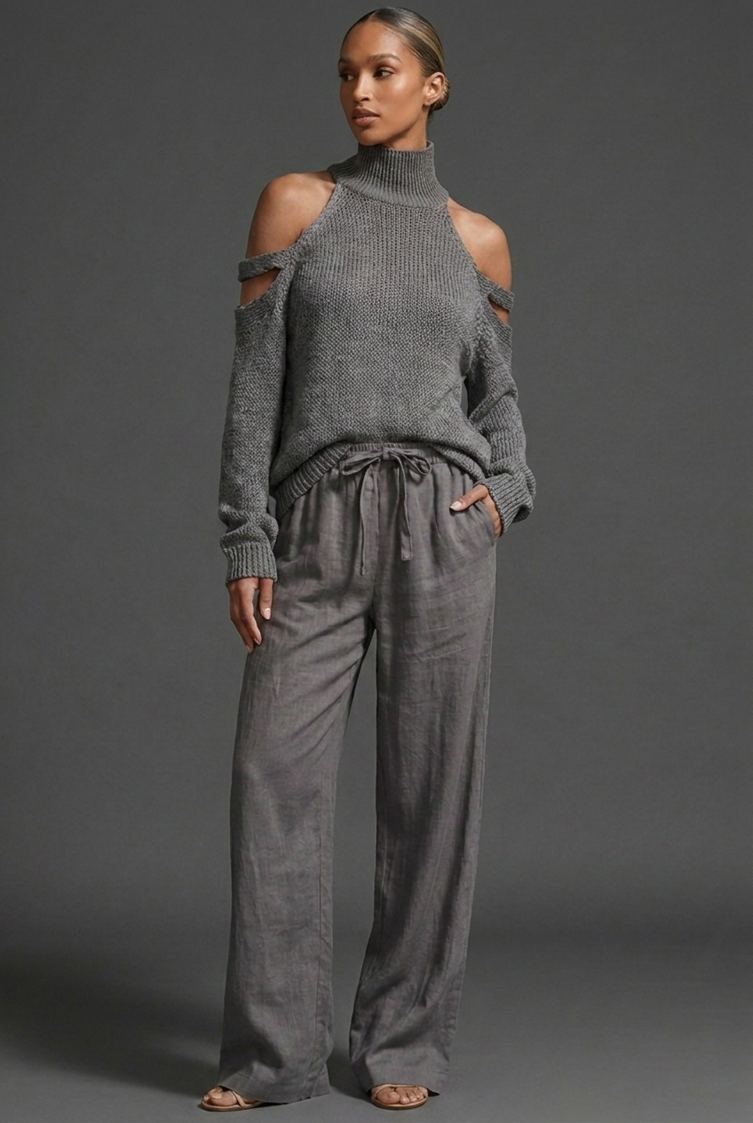 High Neck Knit Style Jumper Wide Leg Co-ord Set