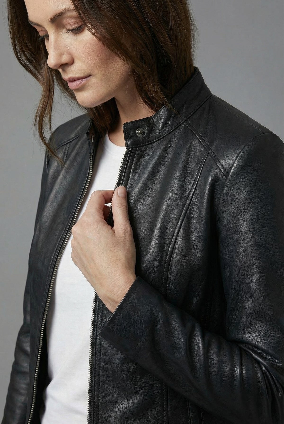 Women’s Short Leather Style Biker Jacket Zip Up Jacket