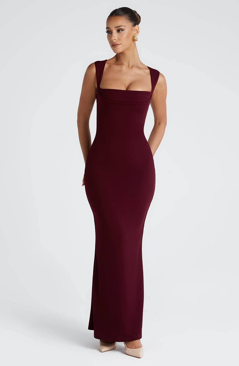 Burgundy Cowl Neck Bodycon Occasion Maxi Dress