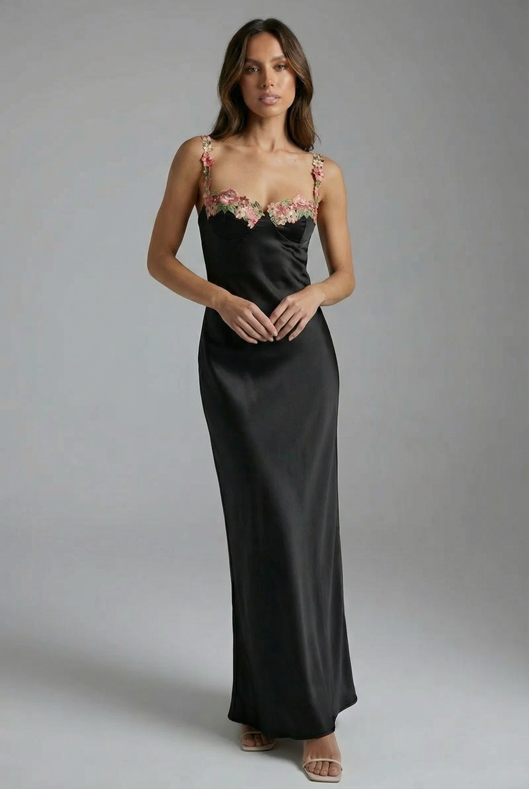 Women’s Lime Green Satin Sleeveless Floral Embroidered Maxi Dress