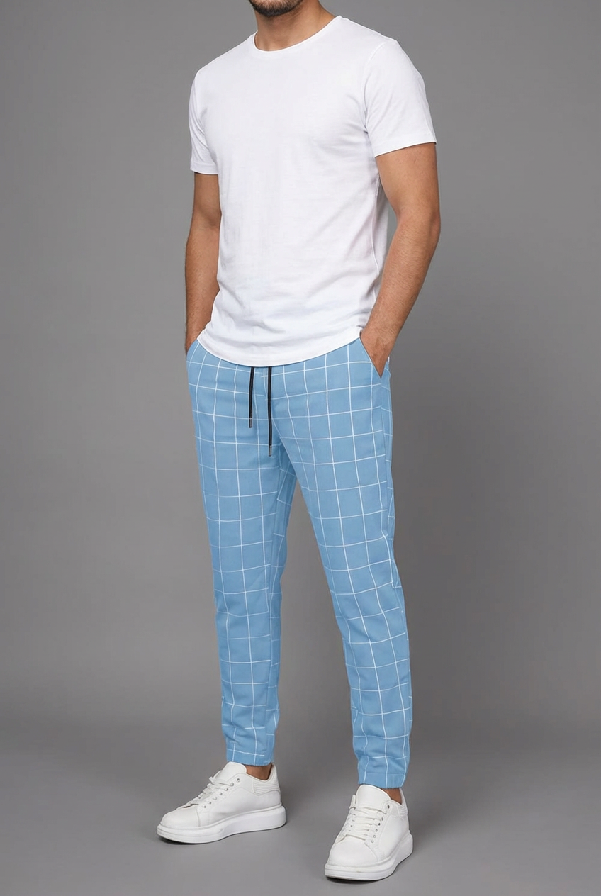 Men’s Check Drawstring Casual Trousers Tapered Fit