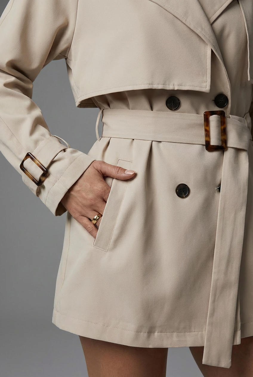 Women’s Khaki Double Breasted Trench Coat Belted Lightweight Outerwear