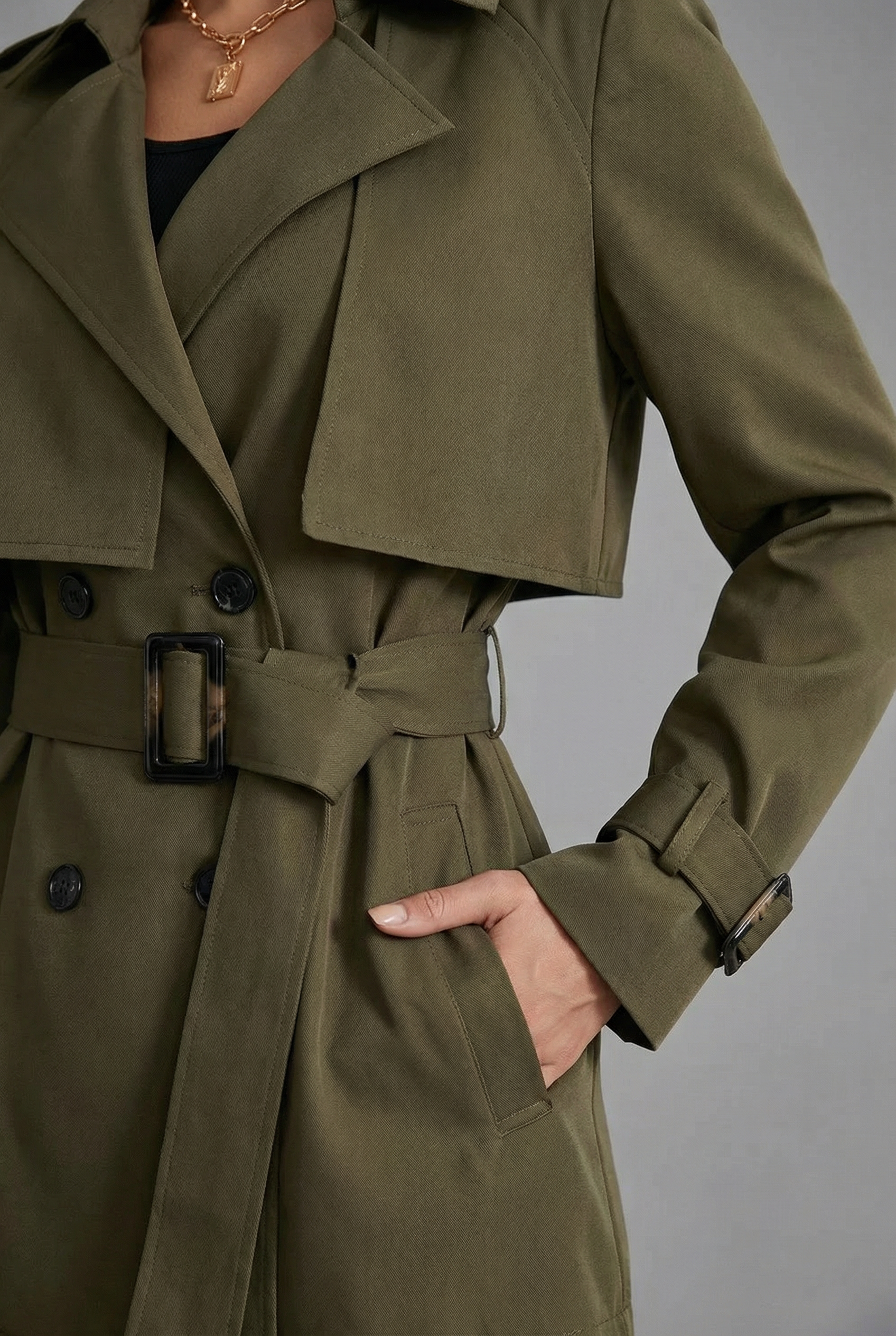 Women’s Military Green Mid Length Trench Coat Belted Lightweight Outerwear