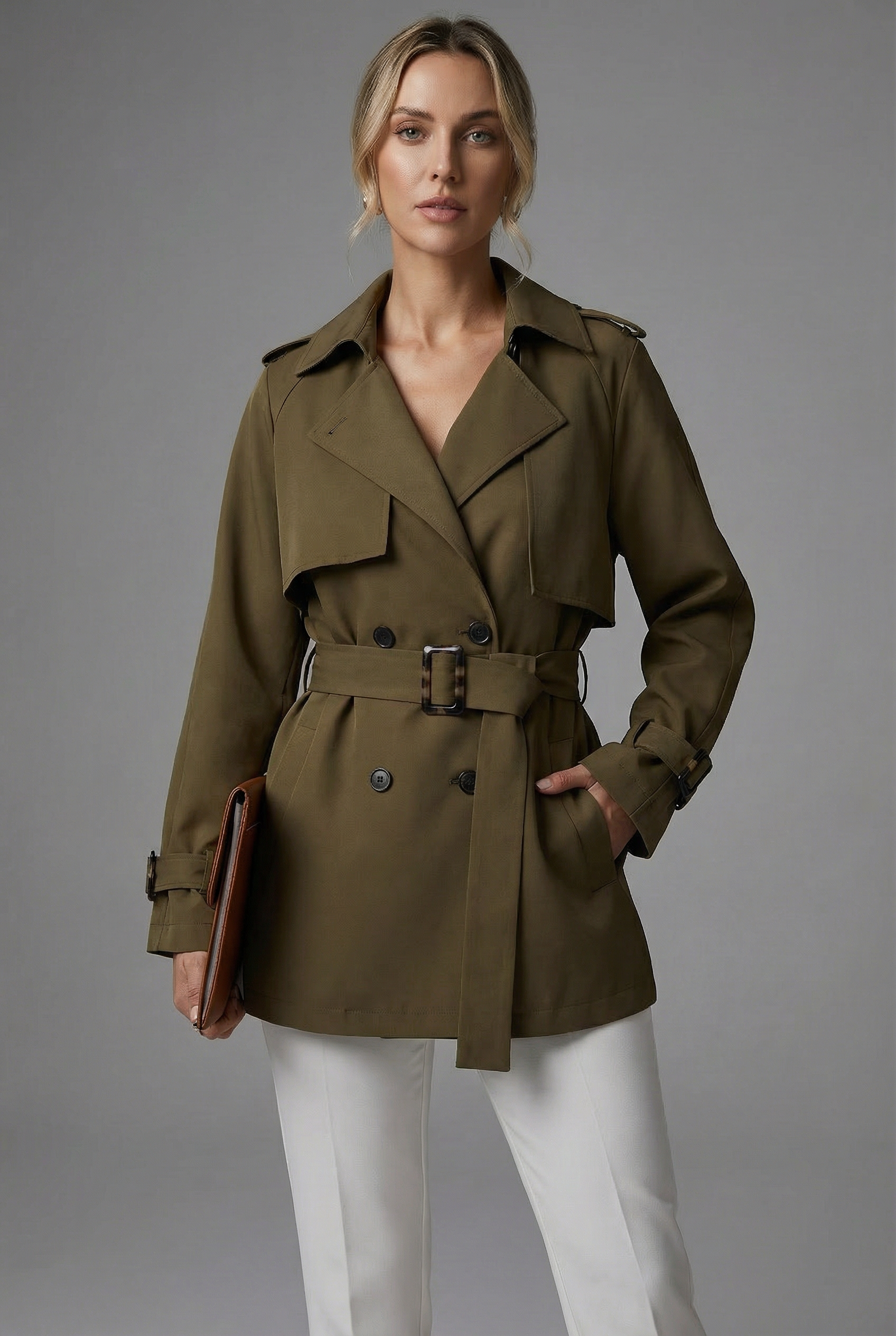Women’s Military Green Mid Length Trench Coat Belted Lightweight Outerwear