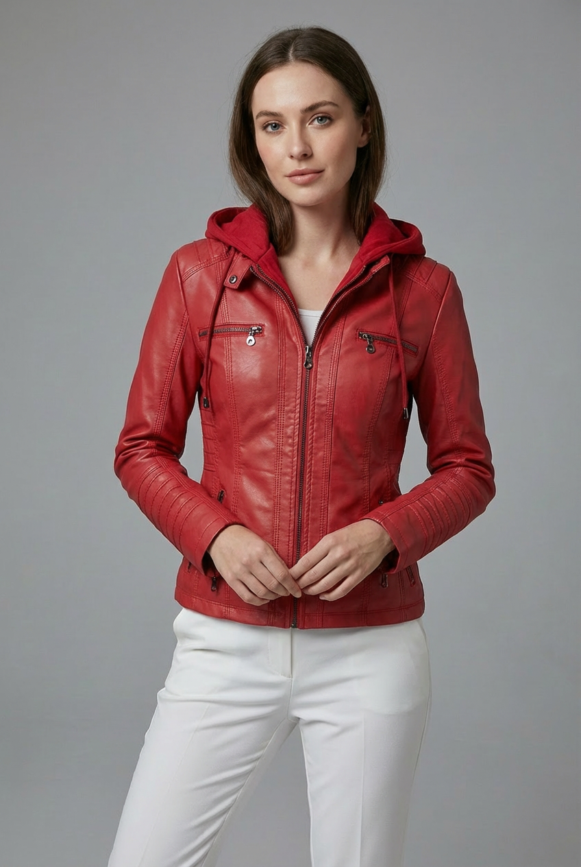 Women’s Leather Style Detachable Hood Zip Jacket Casual Wear