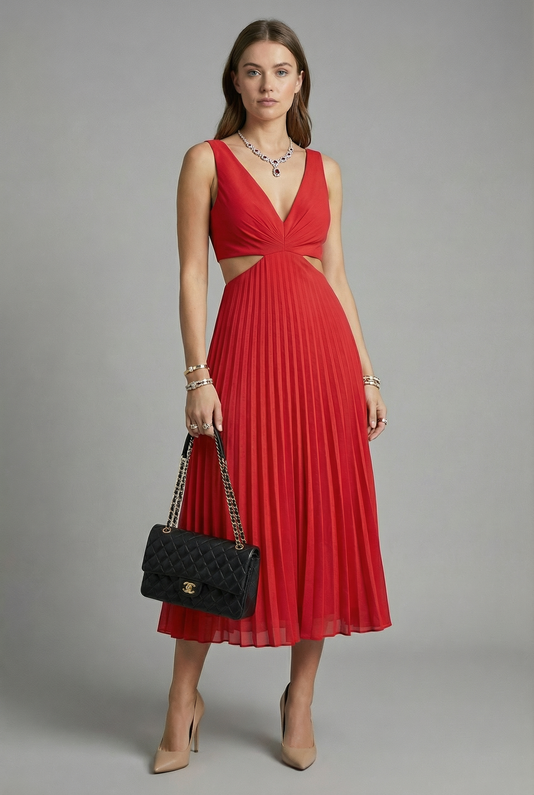 Women's Elegant Flowing Pleated Midi Dress