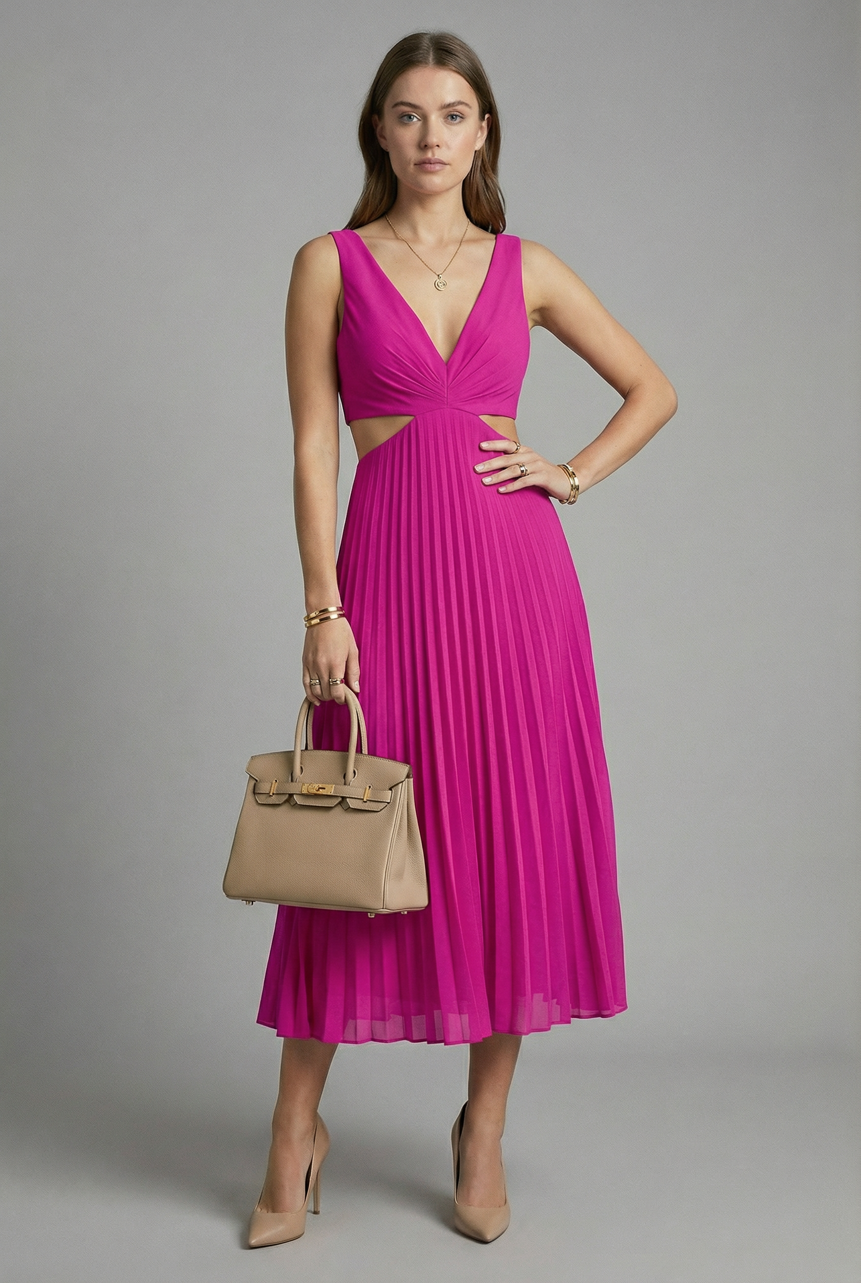 Women's Elegant Flowing Pleated Midi Dress