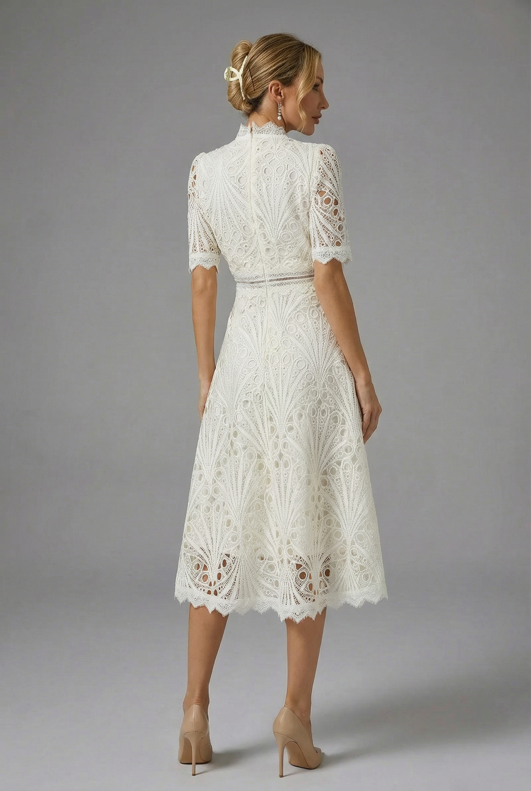 Women's Elegant High Neckline Lace Midi Dress