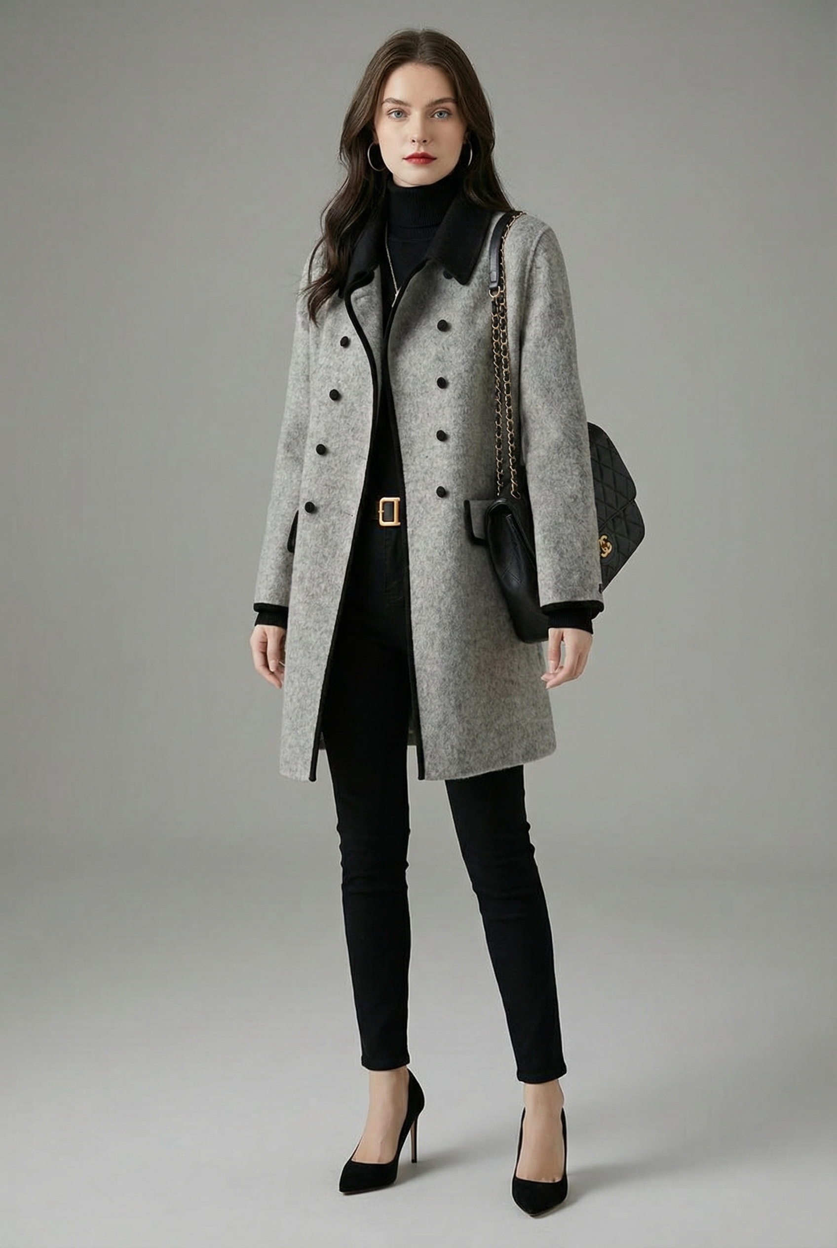 Women's Gray Tailored Wool Style Coat – Double-Breasted Structured Fit