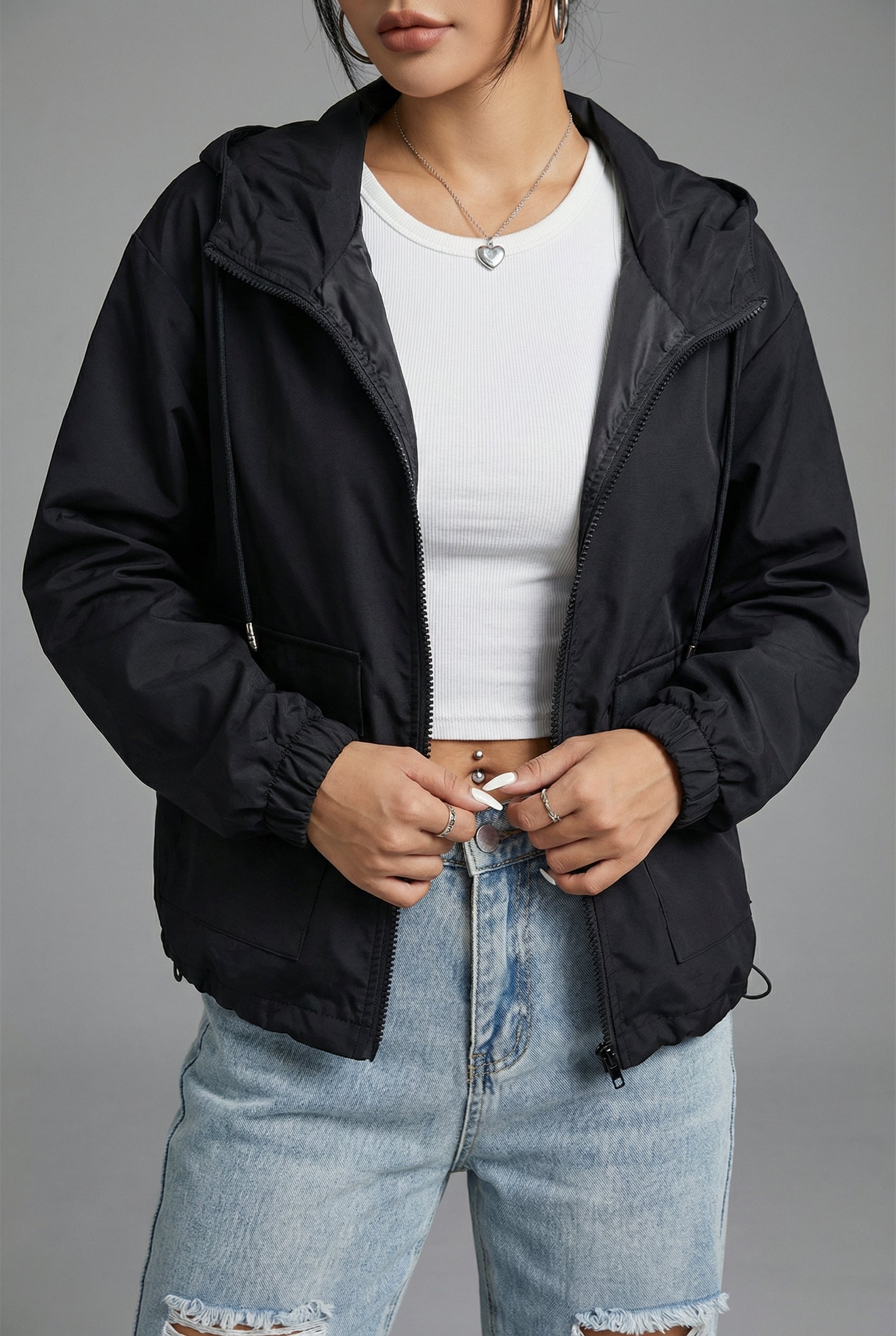 Women’s Black Cropped Spring Jacket Lightweight Hooded Casual Outerwear