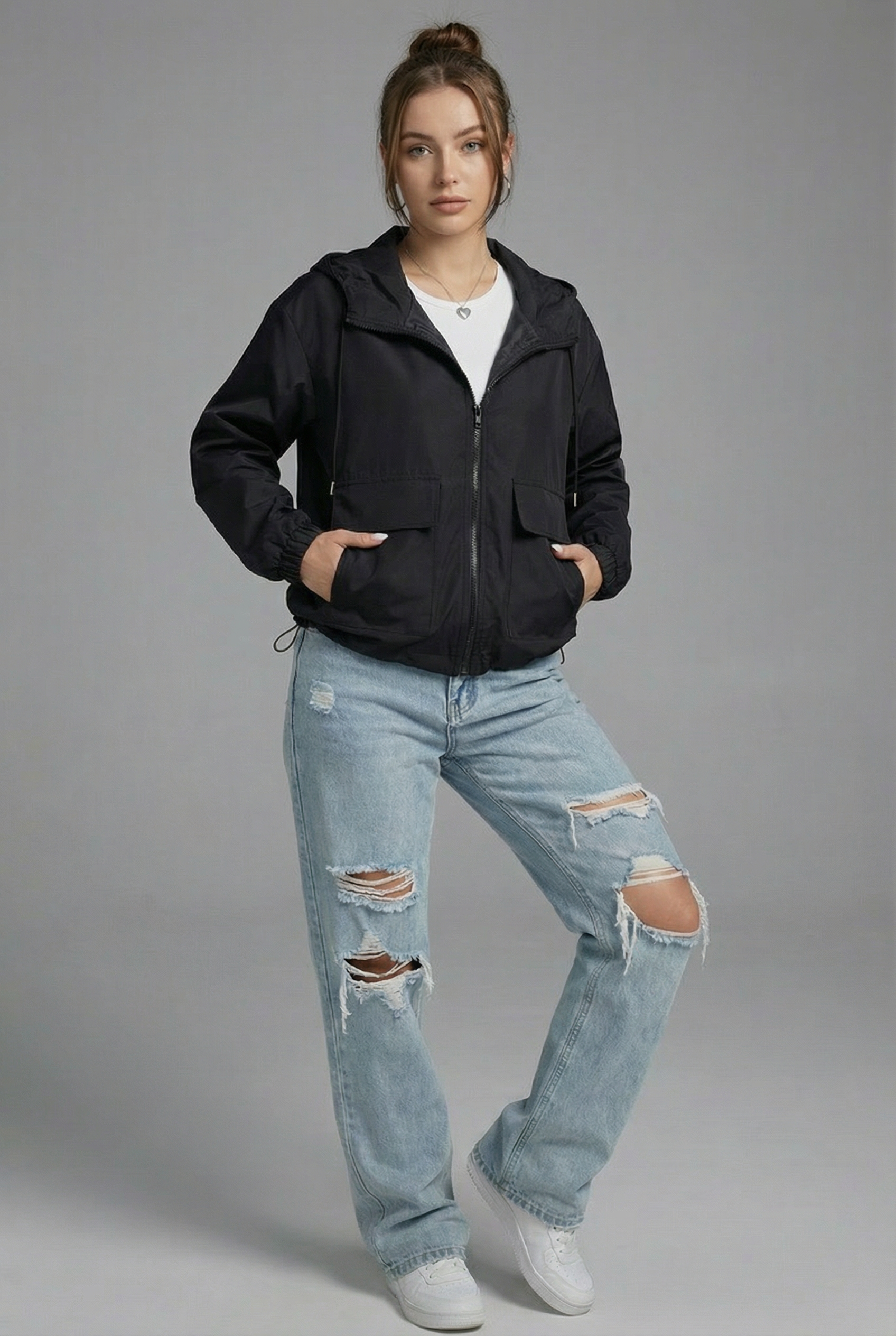 Women’s Black Cropped Spring Jacket Lightweight Hooded Casual Outerwear