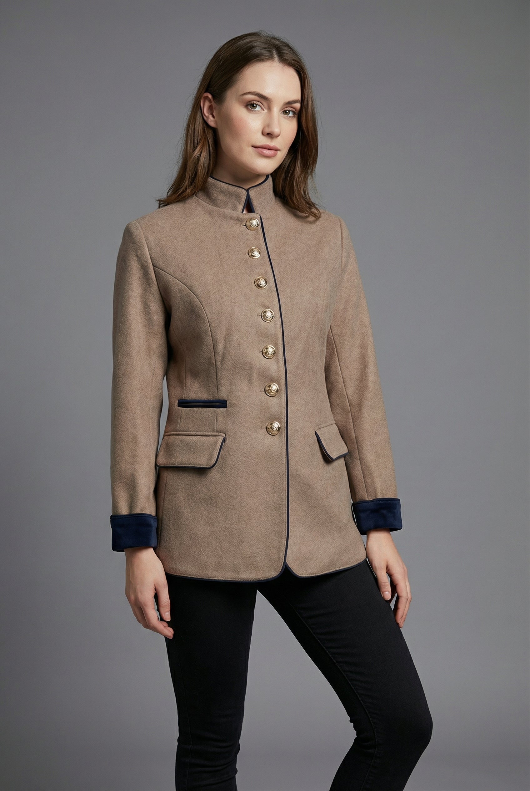 Women’s Camel Tailored Stand Collar Spring Blazer Coat