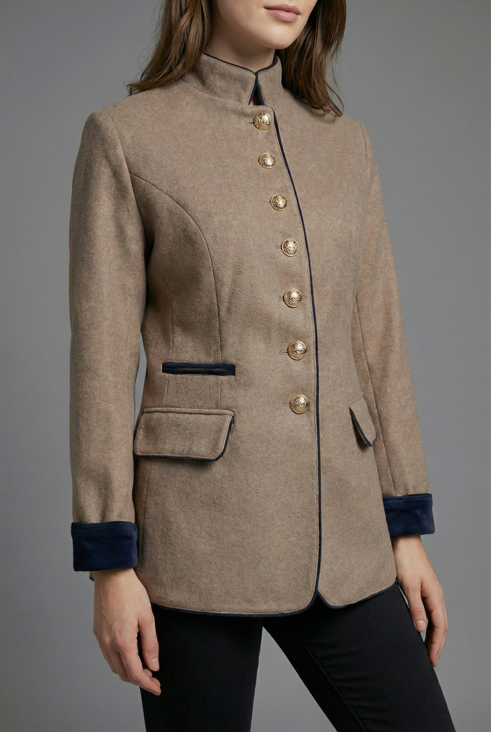 Women’s Camel Tailored Stand Collar Spring Blazer Coat