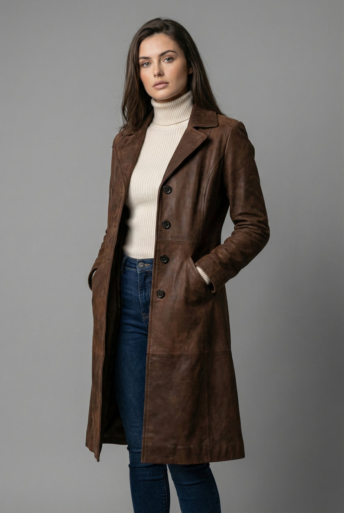 Women’s Dark Brown Leather Style H-Line Mid Length Coat