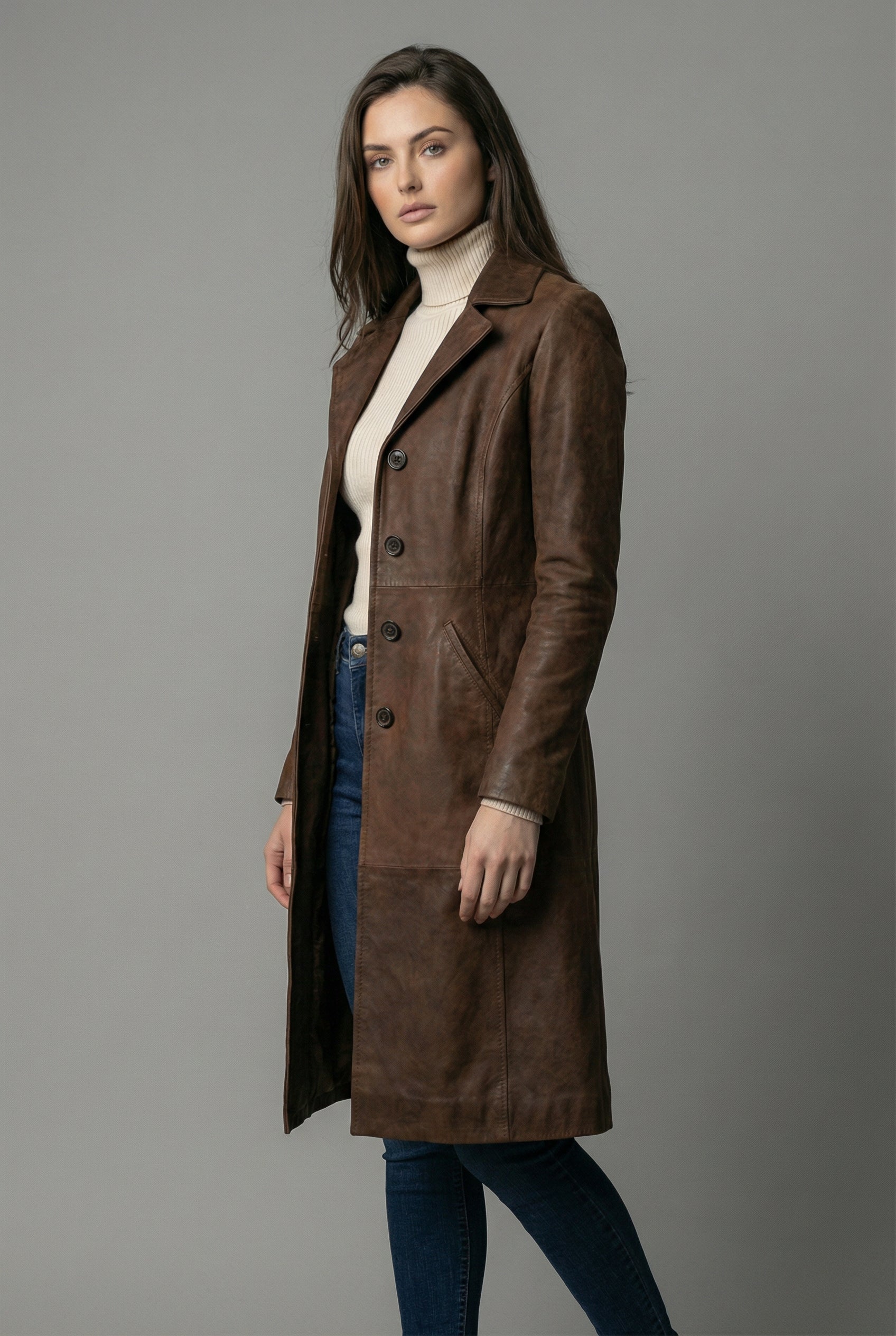 Women’s Dark Brown Leather Style H-Line Mid Length Coat