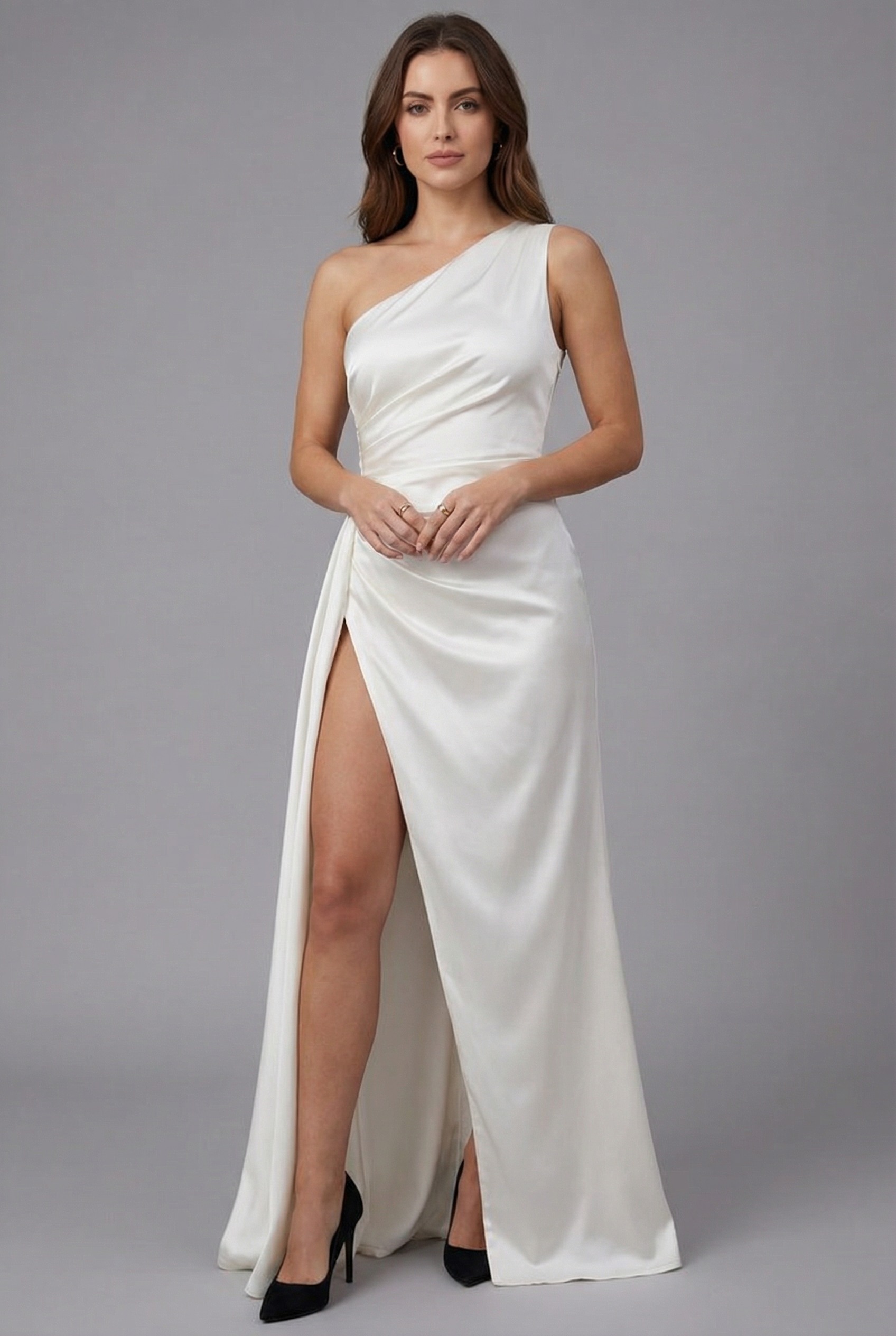 Women's Satin Style One-Shoulder Slit Evening Gown Dress