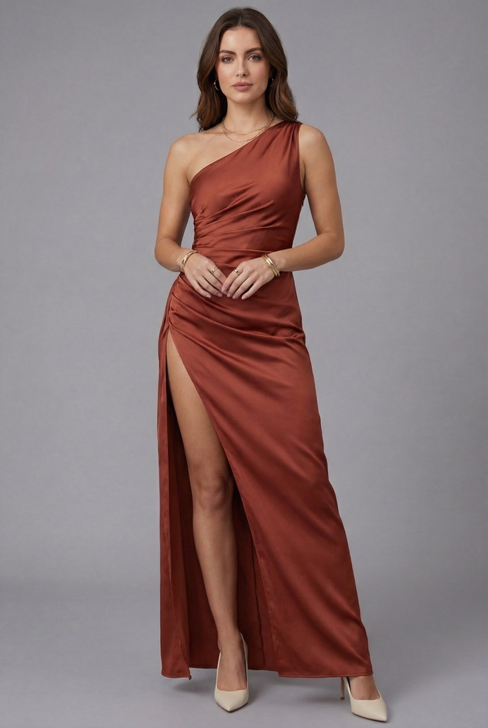 Women's Satin Style One-Shoulder Slit Evening Gown Dress