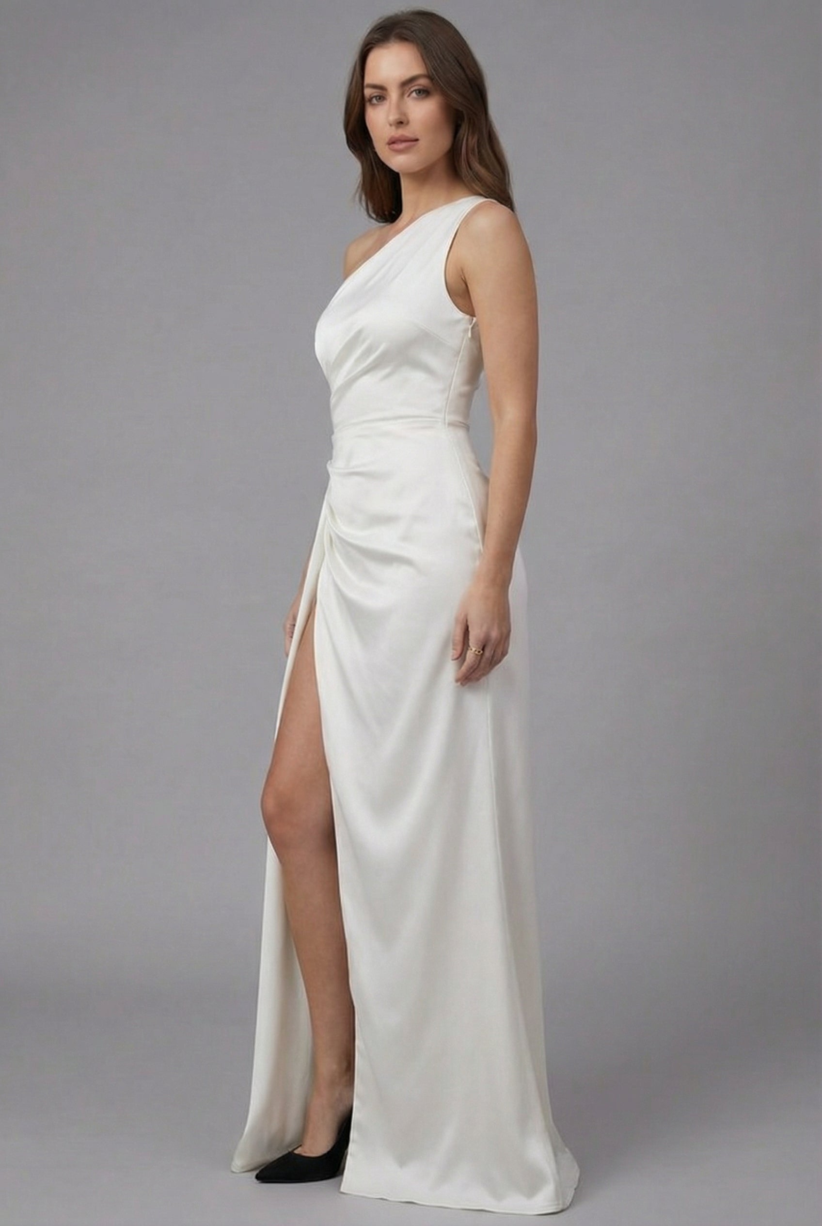 Women's Satin Style One-Shoulder Slit Evening Gown Dress