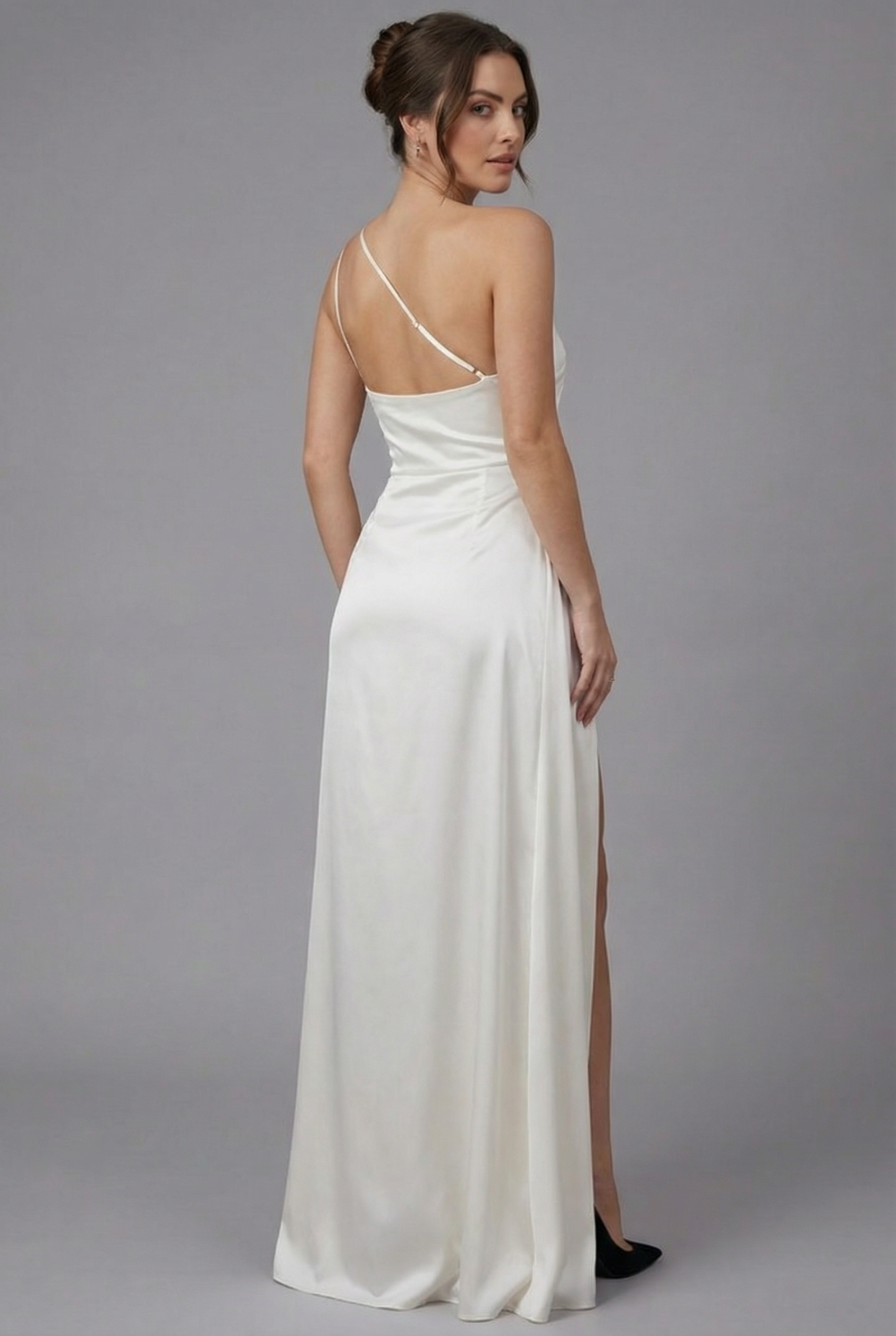Women's Satin Style One-Shoulder Slit Evening Gown Dress