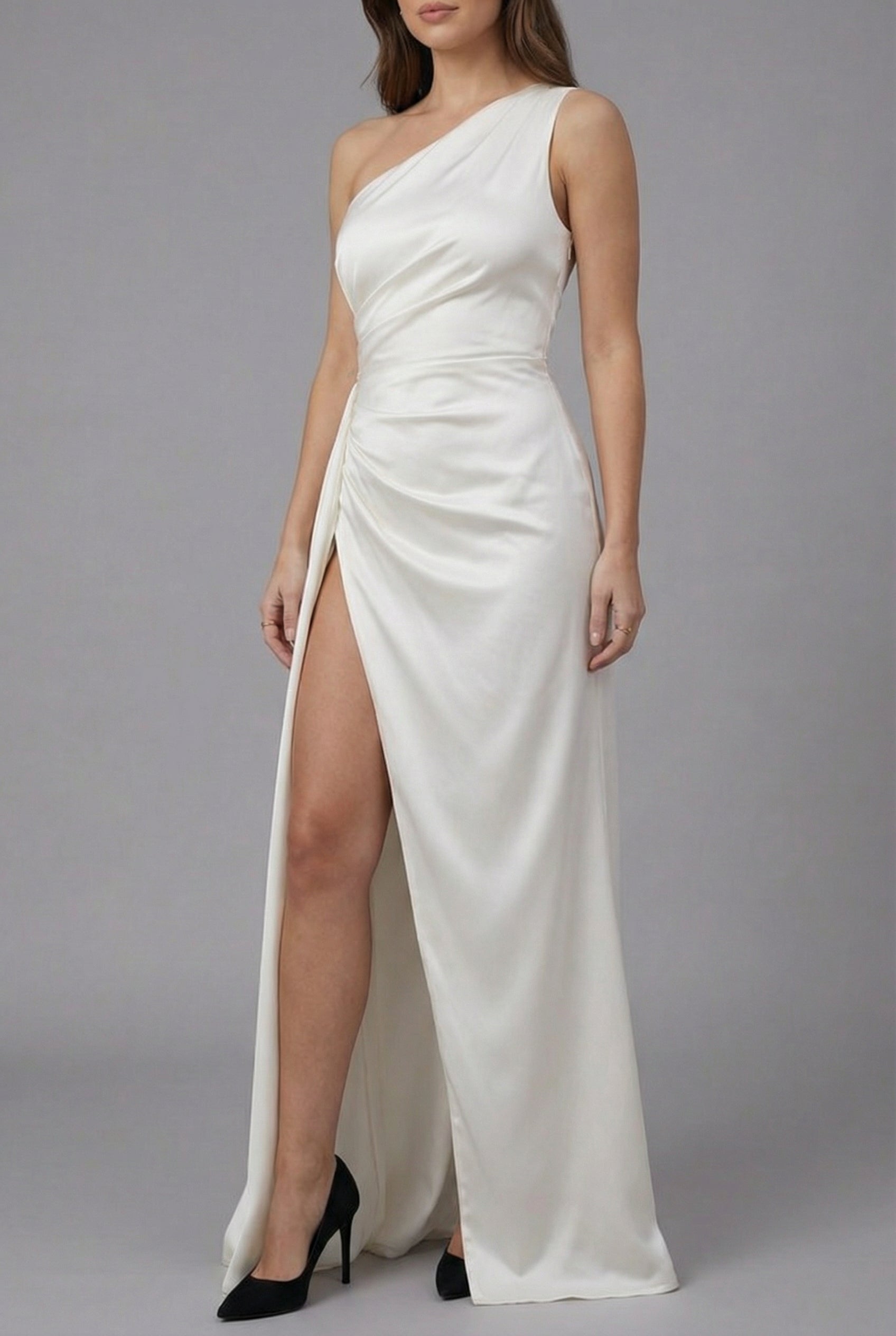 Women's Satin Style One-Shoulder Slit Evening Gown Dress