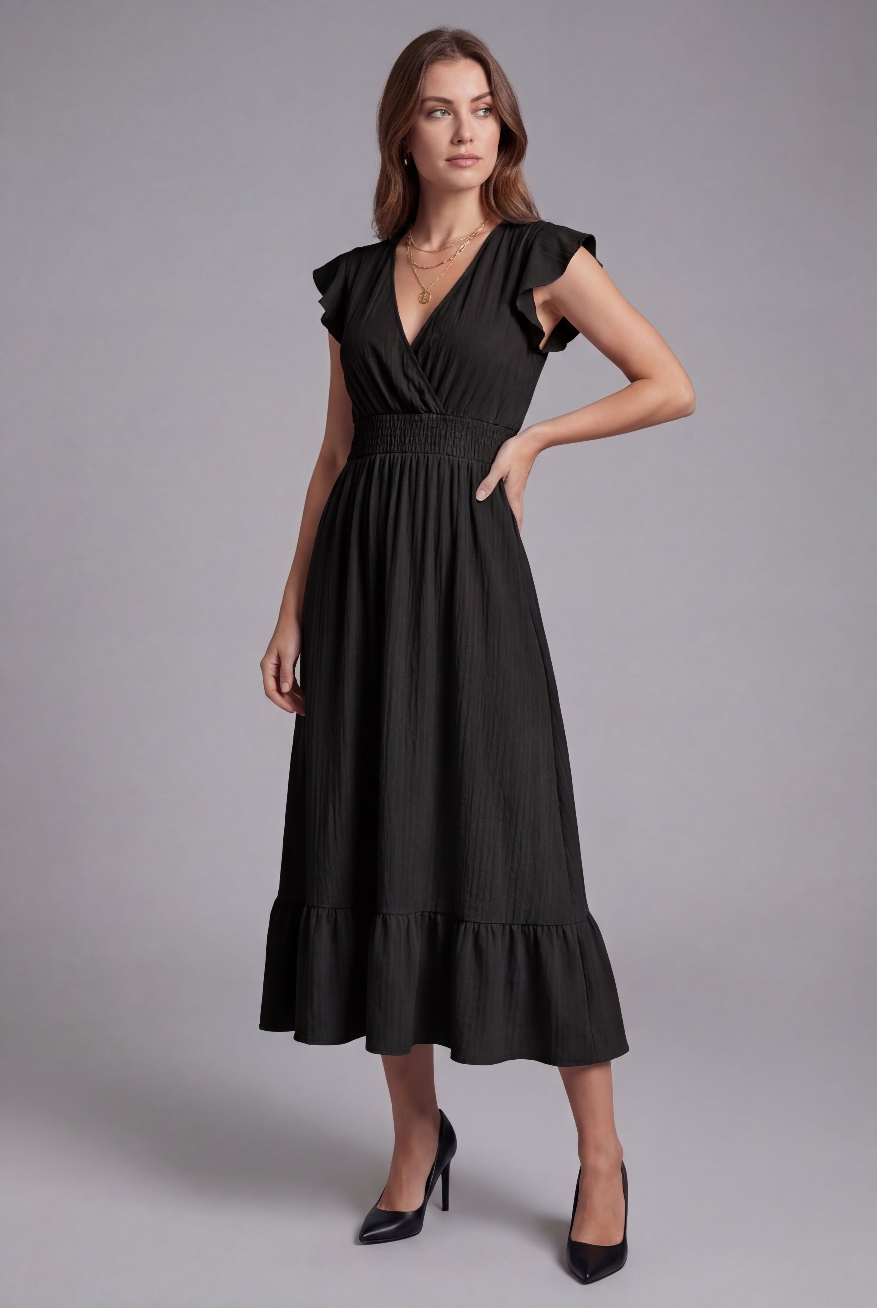 Women’s Ascot Elegant V Neck Flutter Sleeve Maxi Dress