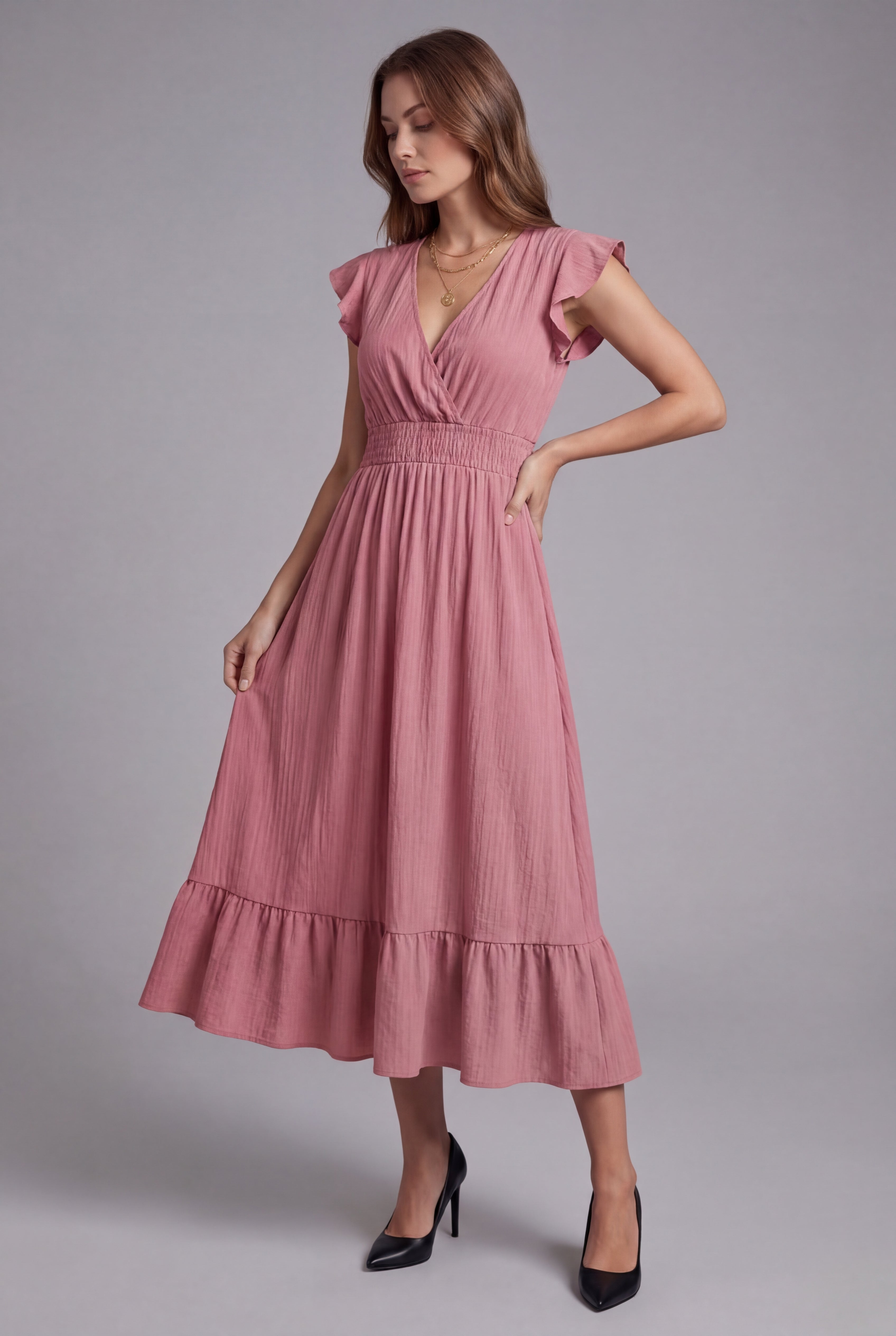 Women’s Ascot Elegant V Neck Flutter Sleeve Maxi Dress