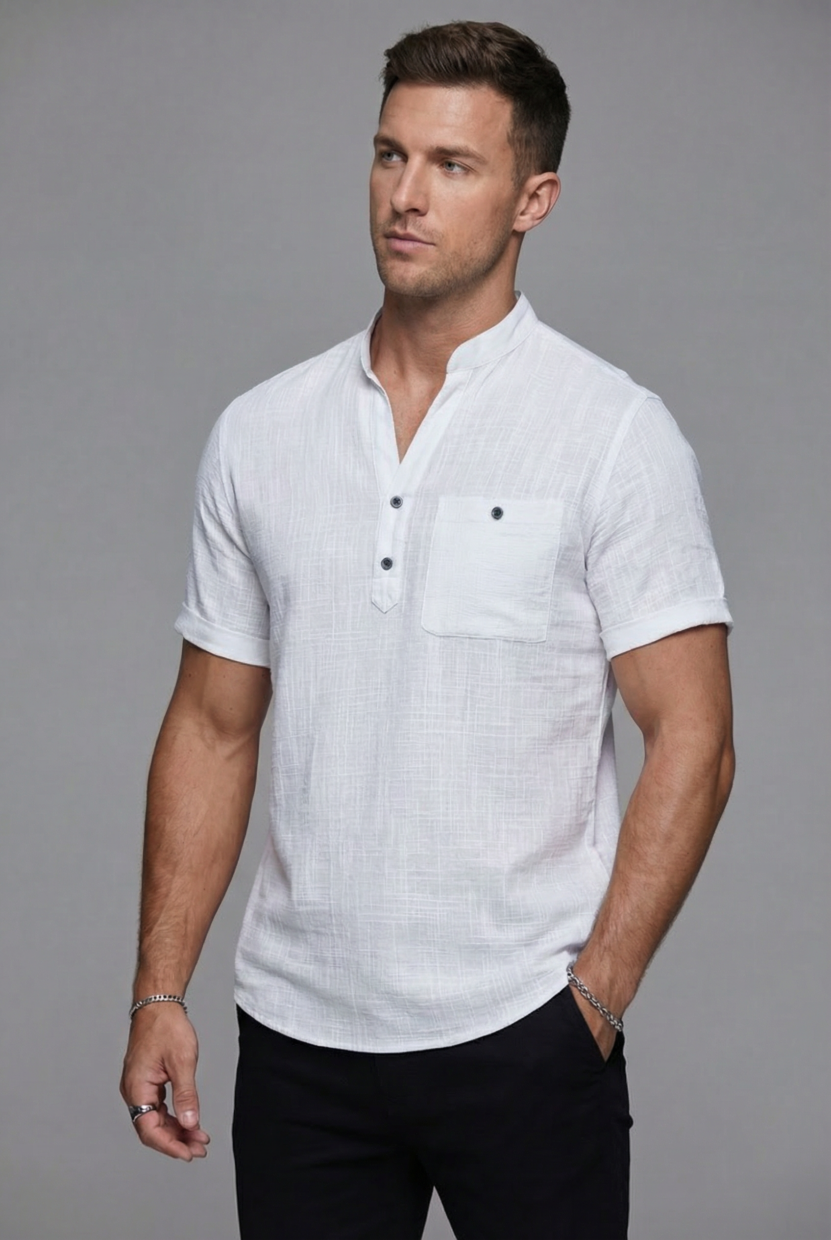 Men’s Linen Style Short Sleeve Shirt Lightweight Breathable Notch Collar