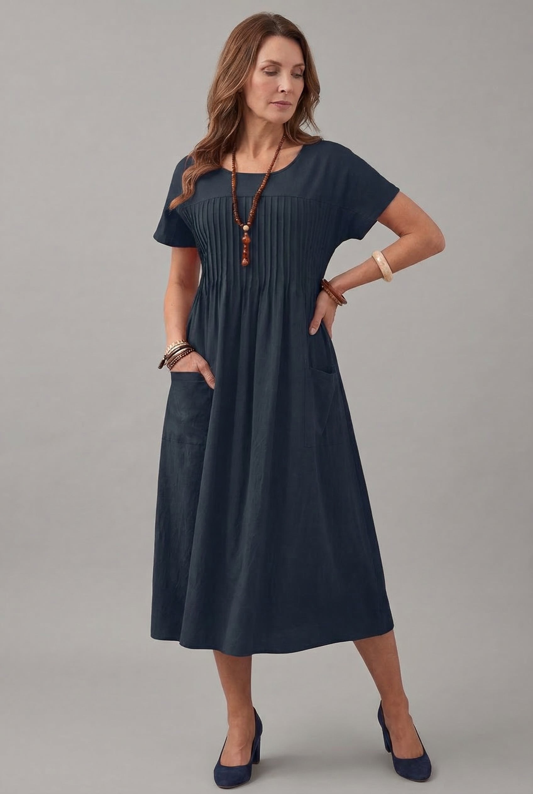 Women’s Casual Relaxed Fit Pockets Midi Dress