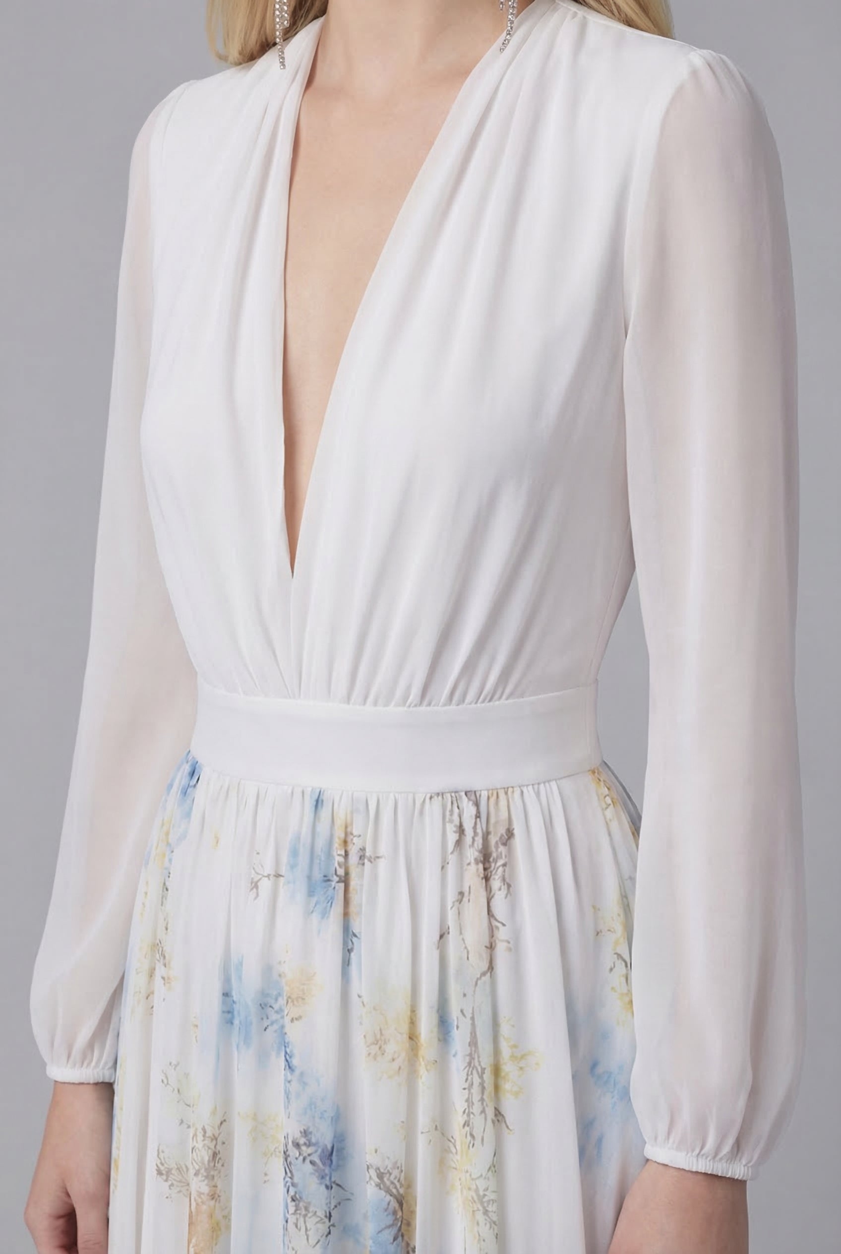 Women’s Elegant Ascot Floral Chiffon Style White Maxi Dress