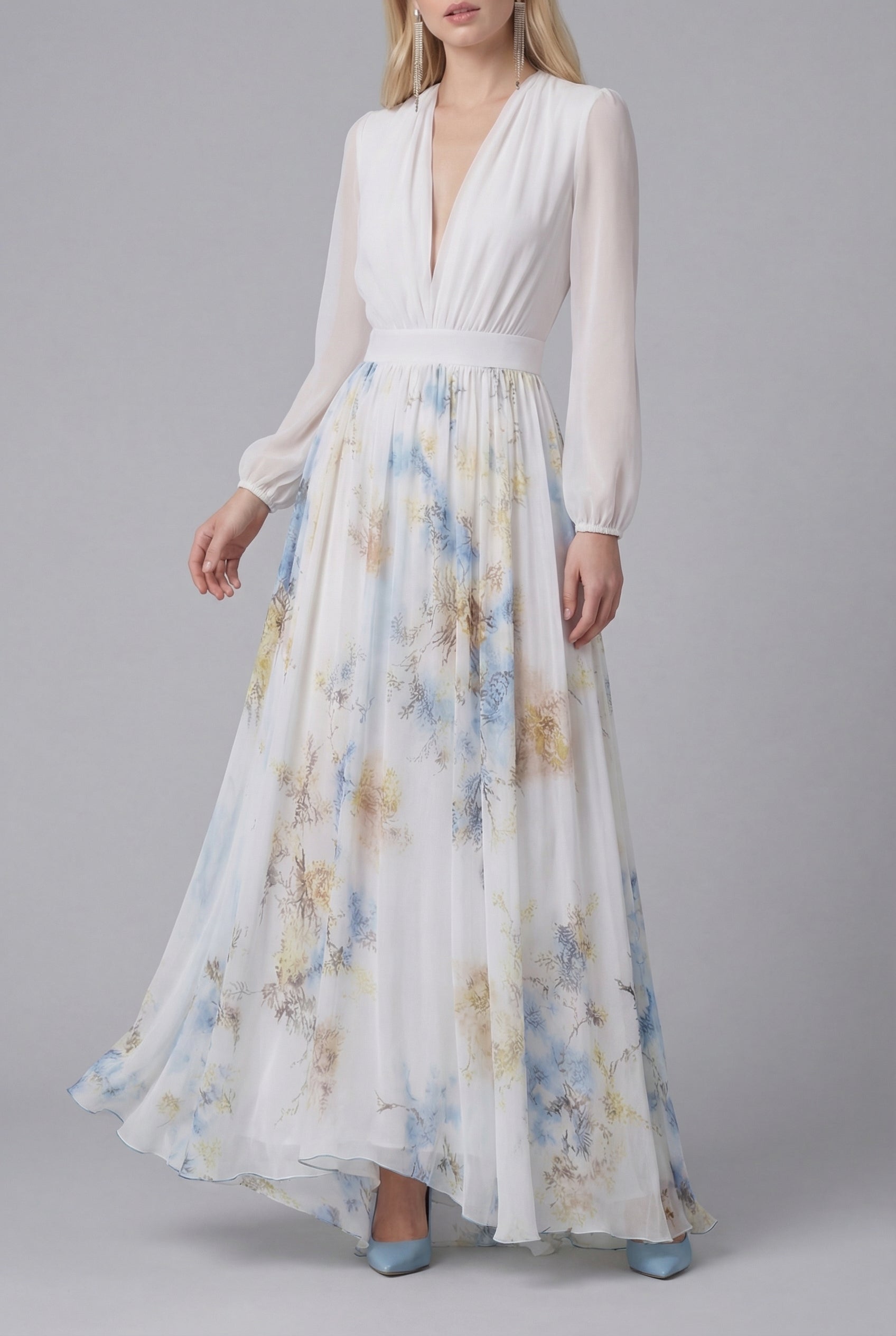 Women’s Elegant Ascot Floral Chiffon Style White Maxi Dress