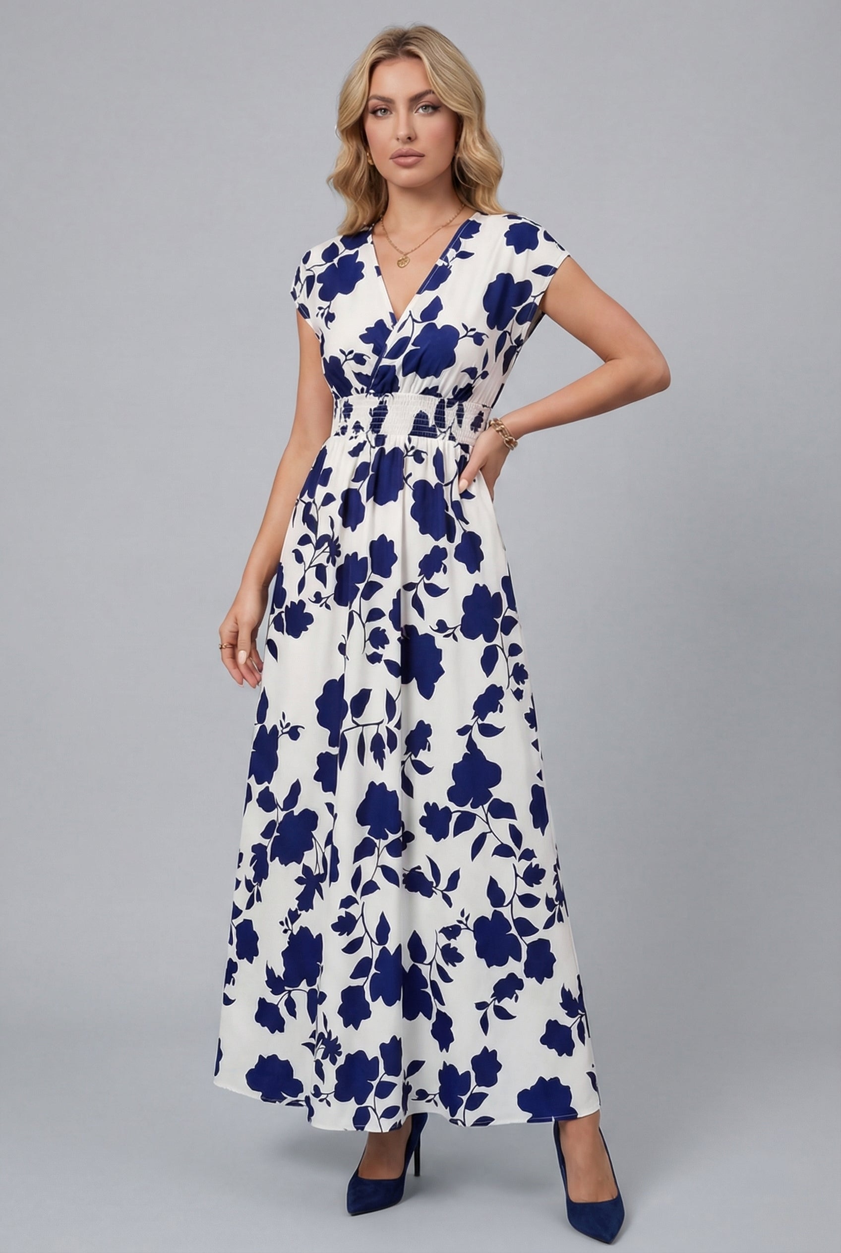 Women’s Elegant V Neck Ascot Floral Maxi Dress
