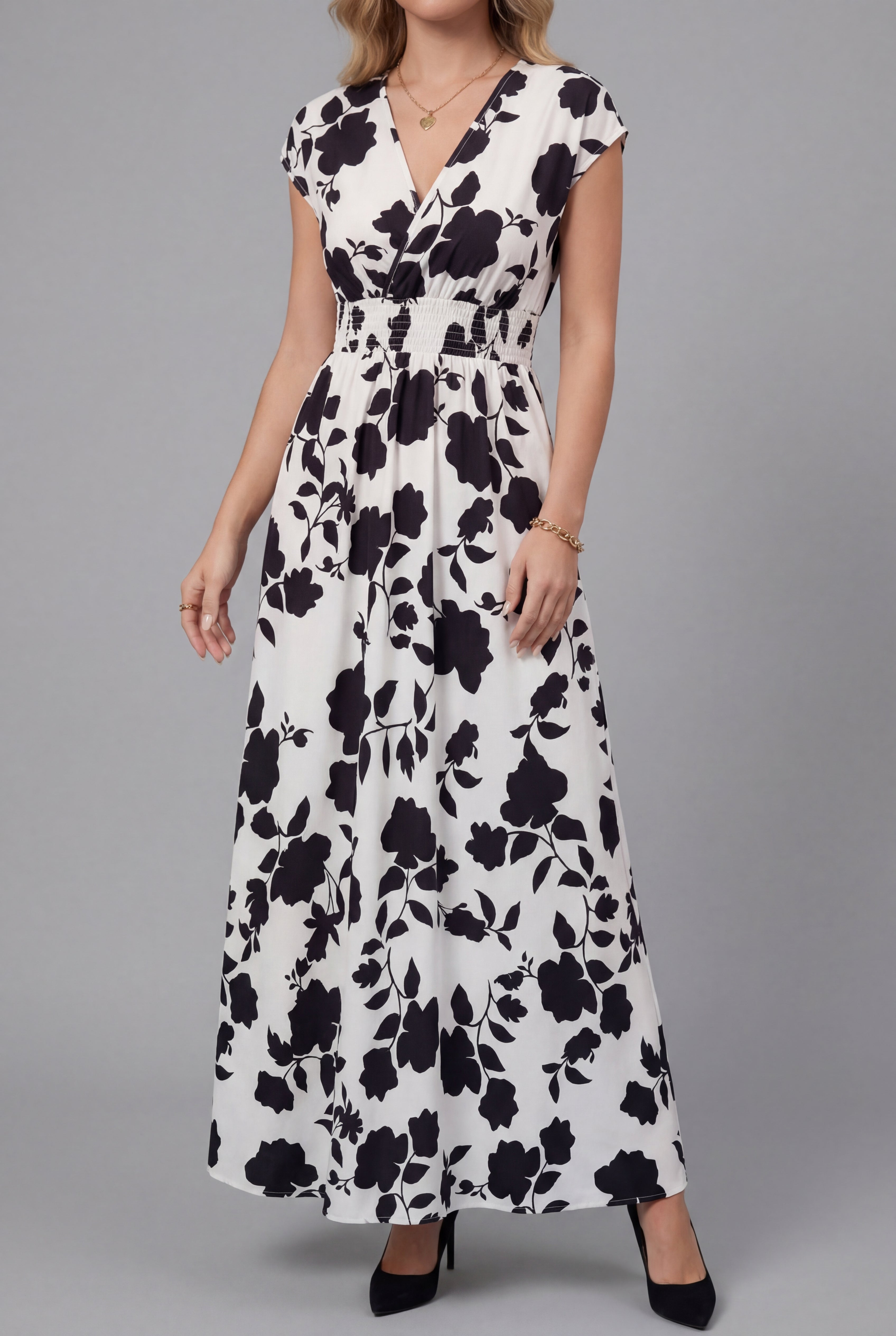 Women’s Elegant V Neck Ascot Floral Maxi Dress