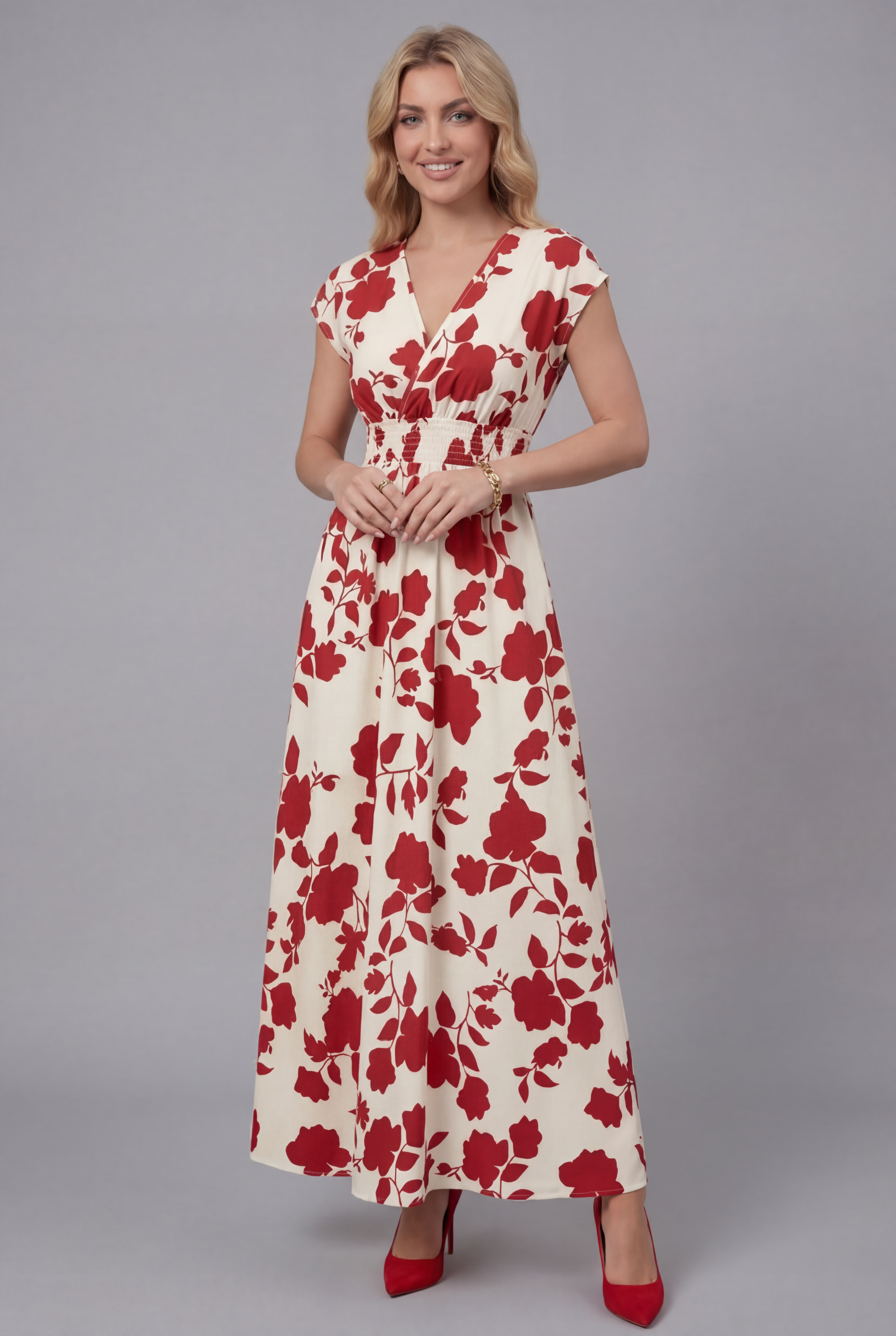 Women’s Elegant V Neck Ascot Floral Maxi Dress