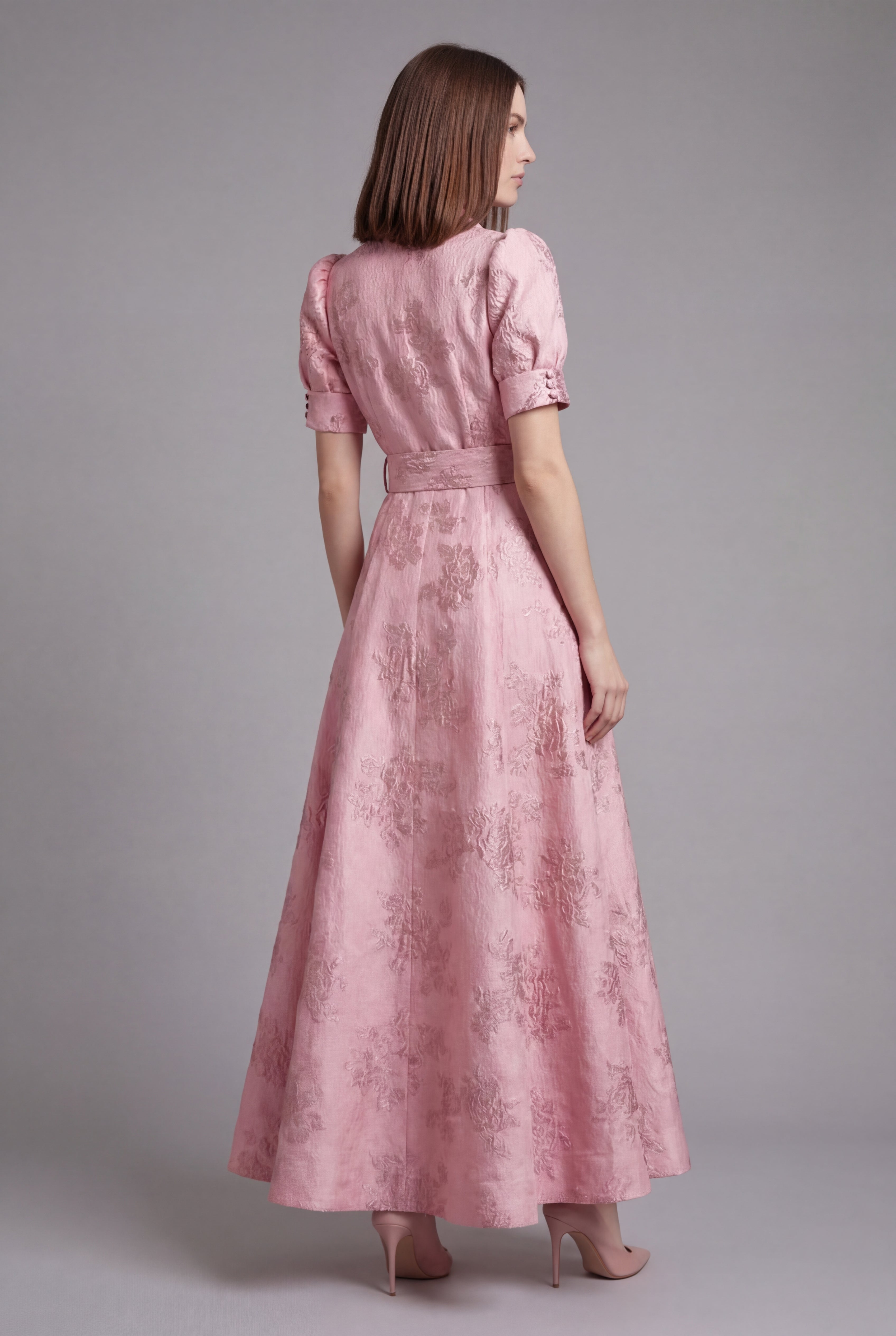 Women’s Elegant Short Puff Sleeves Pink Ascot Maxi Dress