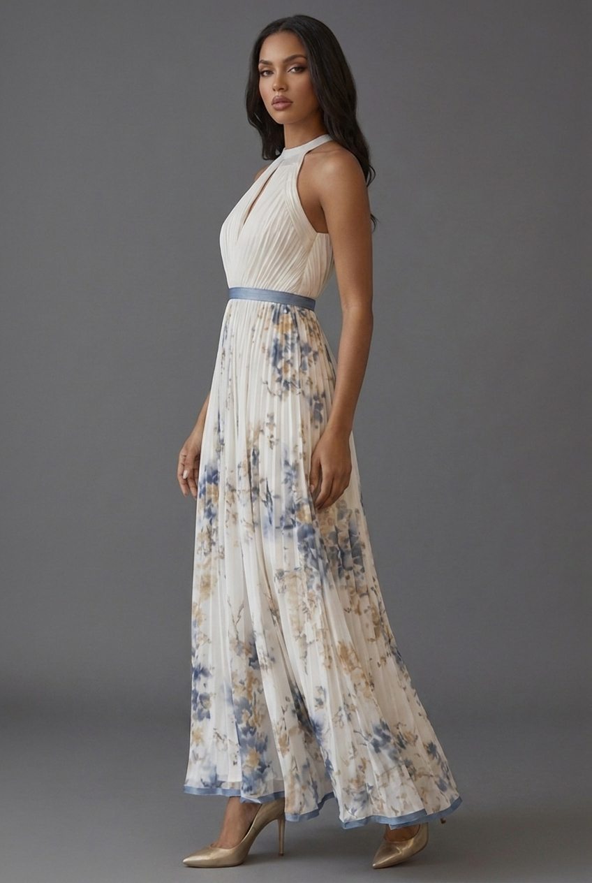 Halterneck Pleated Floral Maxi Wedding Guest Dress