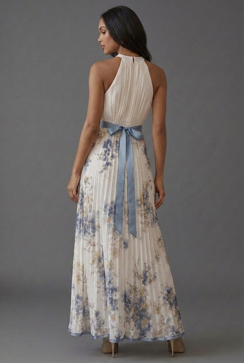 Halterneck Pleated Floral Maxi Wedding Guest Dress