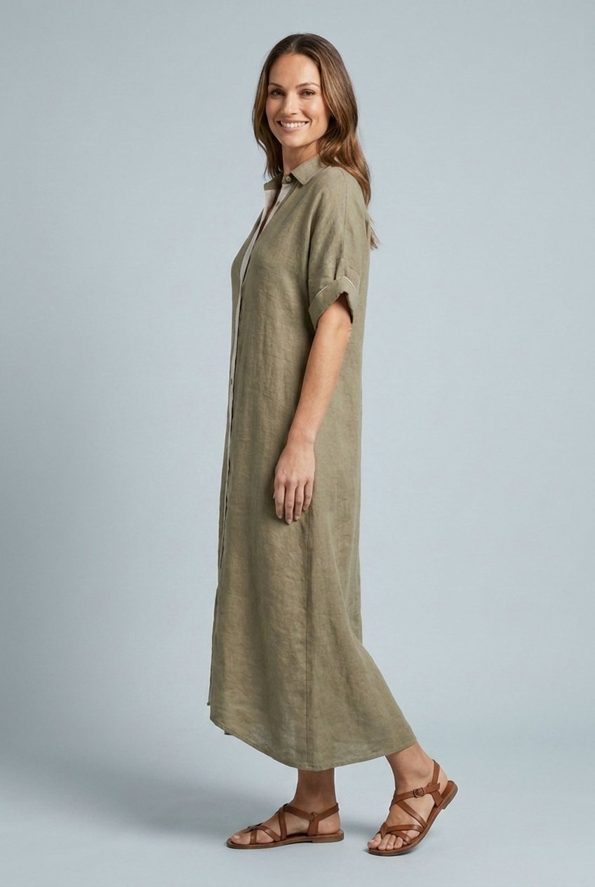 Linen Style Maxi Dress Collared Button Down Short Sleeve Oversized Shirt