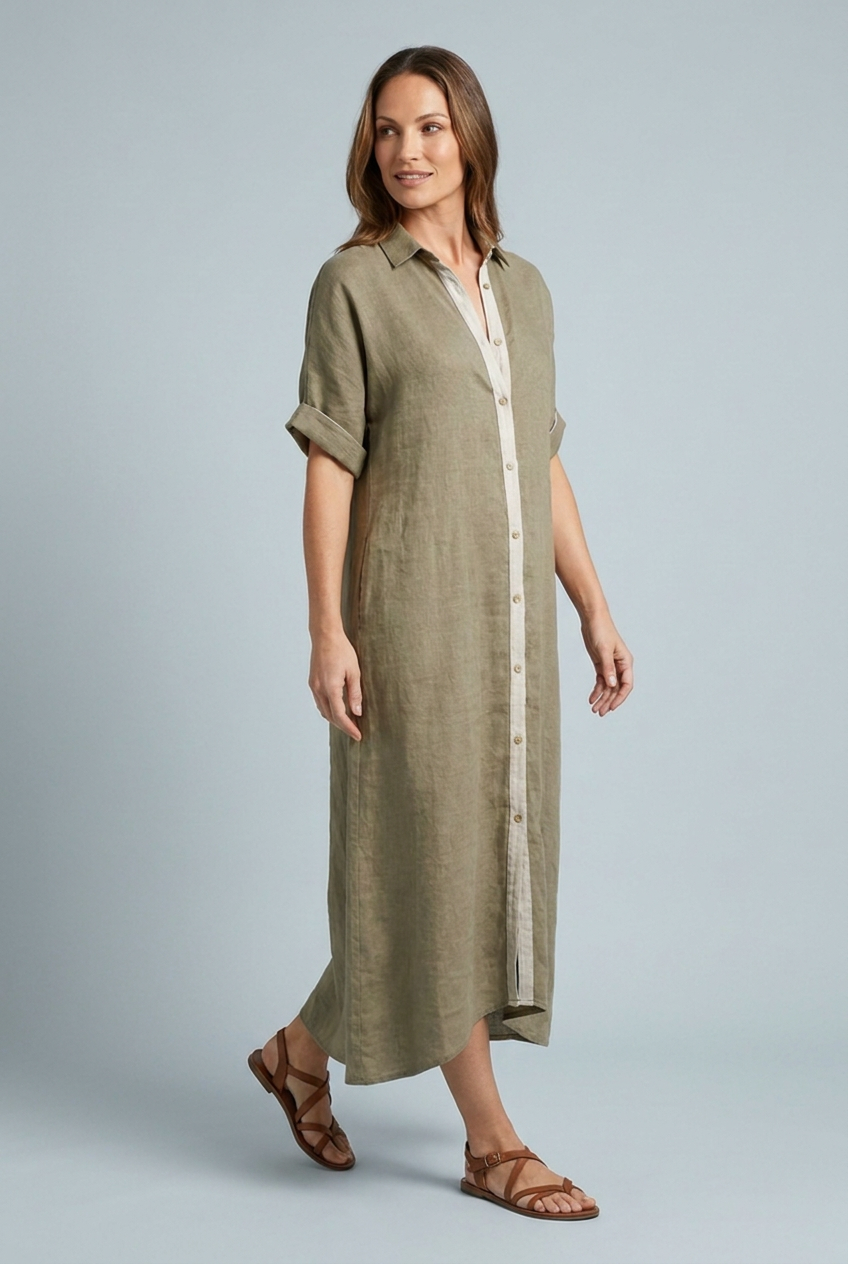 Linen Style Maxi Dress Collared Button Down Short Sleeve Oversized Shirt