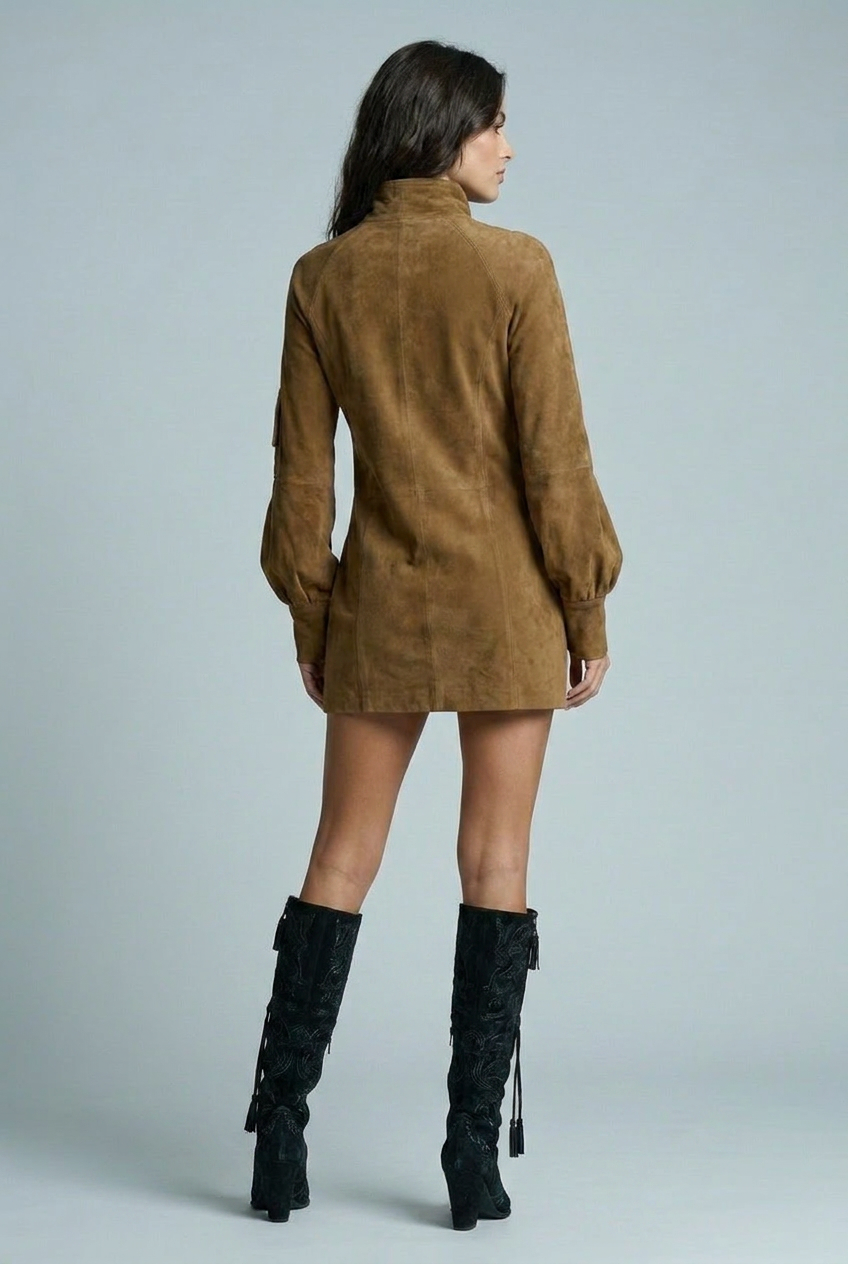 Cargo Mini Dress High Neck Balloon Sleeve