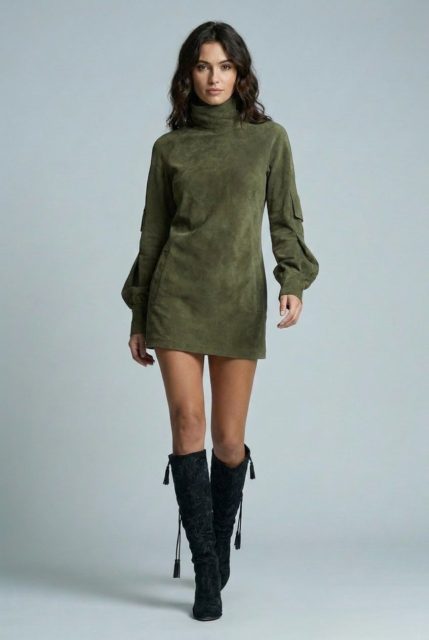 Cargo Mini Dress High Neck Balloon Sleeve