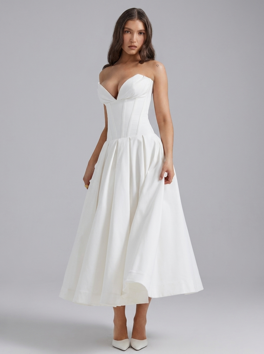 Strapless Corset Pleated Flared Midi Dress