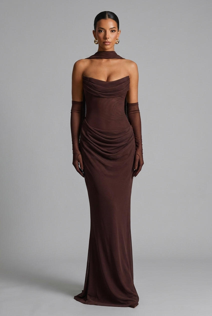 Strapless Cowl Neck Draped Column Maxi Wedding Guest Dress