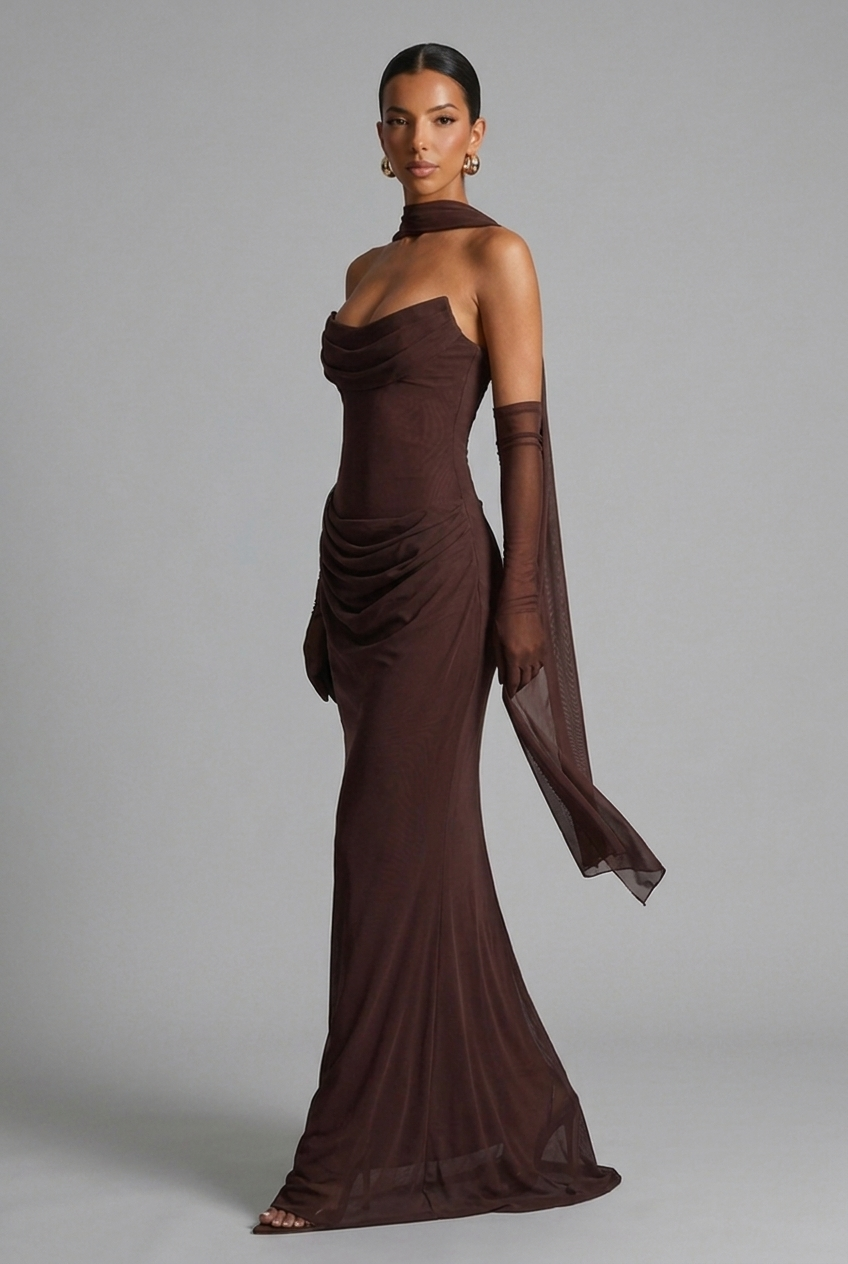 Strapless Cowl Neck Draped Column Maxi Wedding Guest Dress