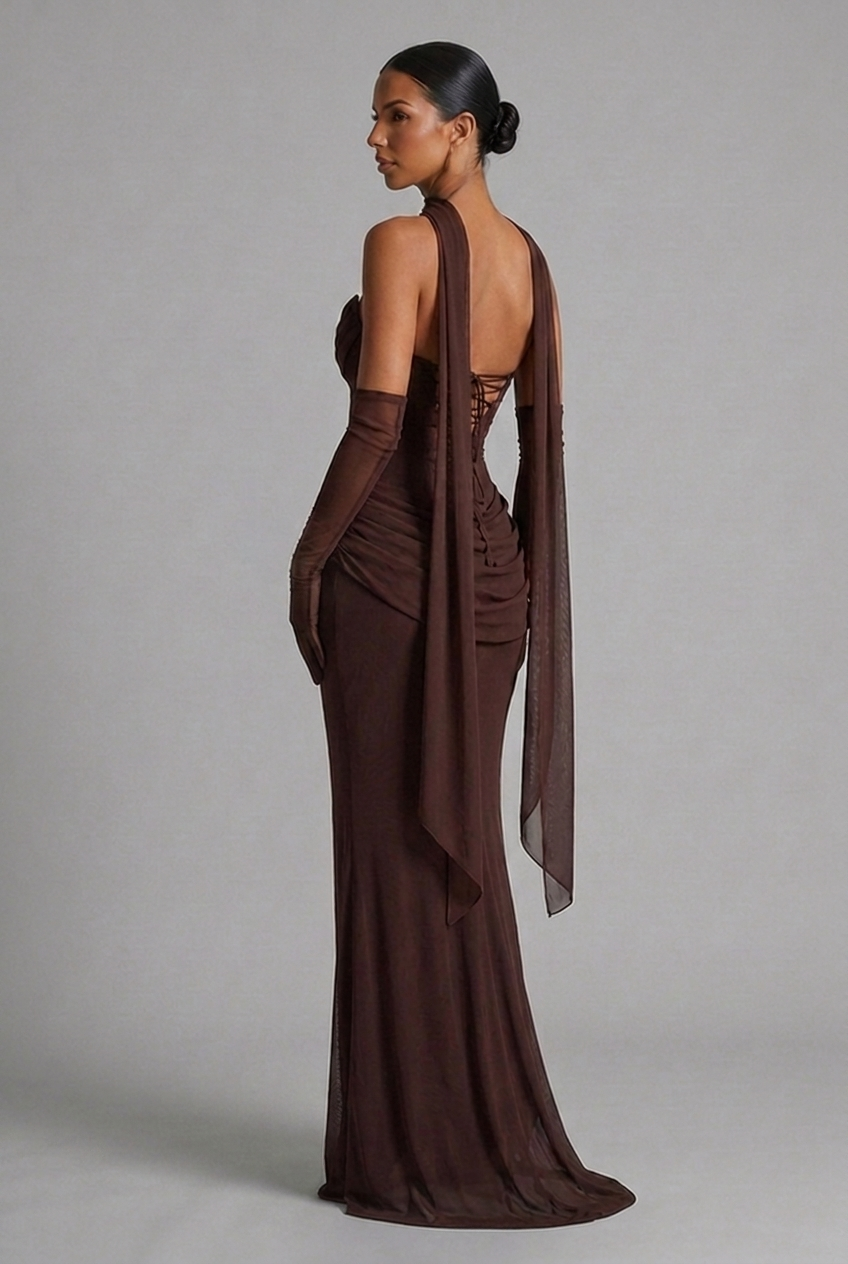 Strapless Cowl Neck Draped Column Maxi Wedding Guest Dress